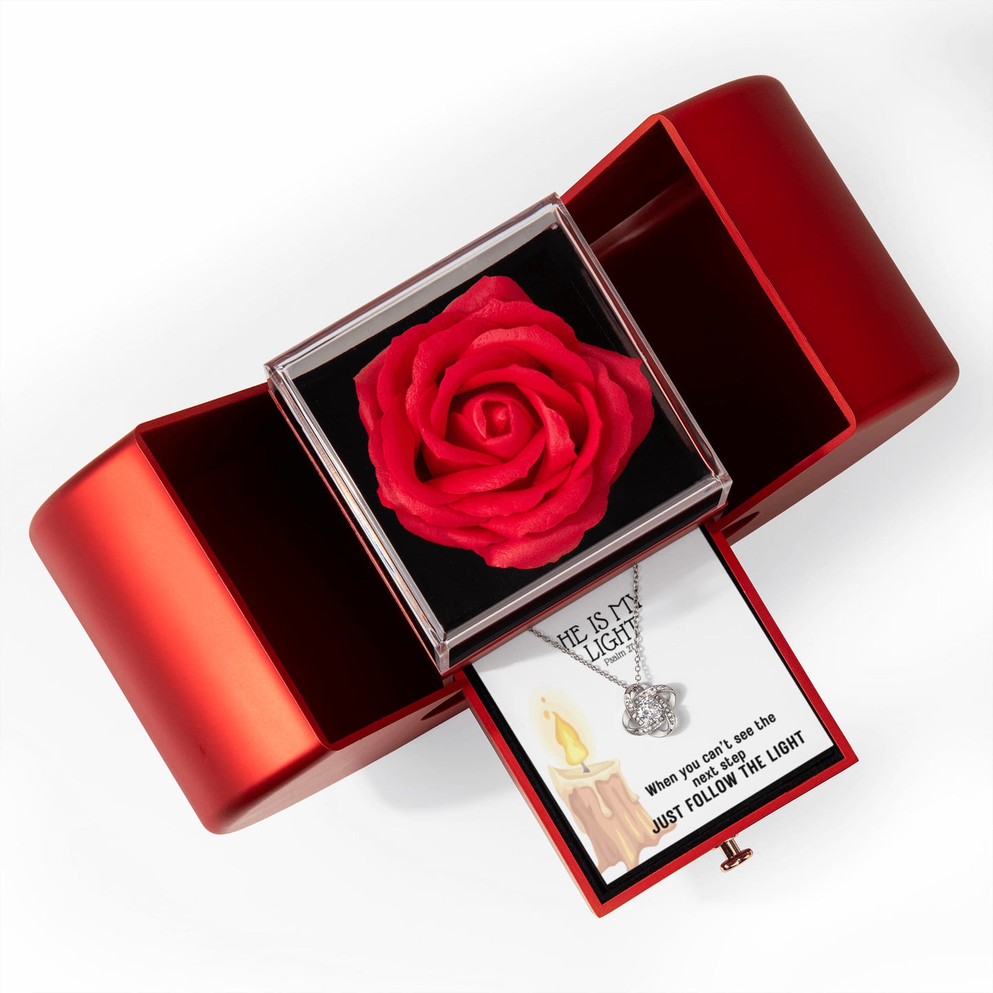 He Is My Light (Psalm 27:1) | Love Knot Necklace in Red Heart Rose Box