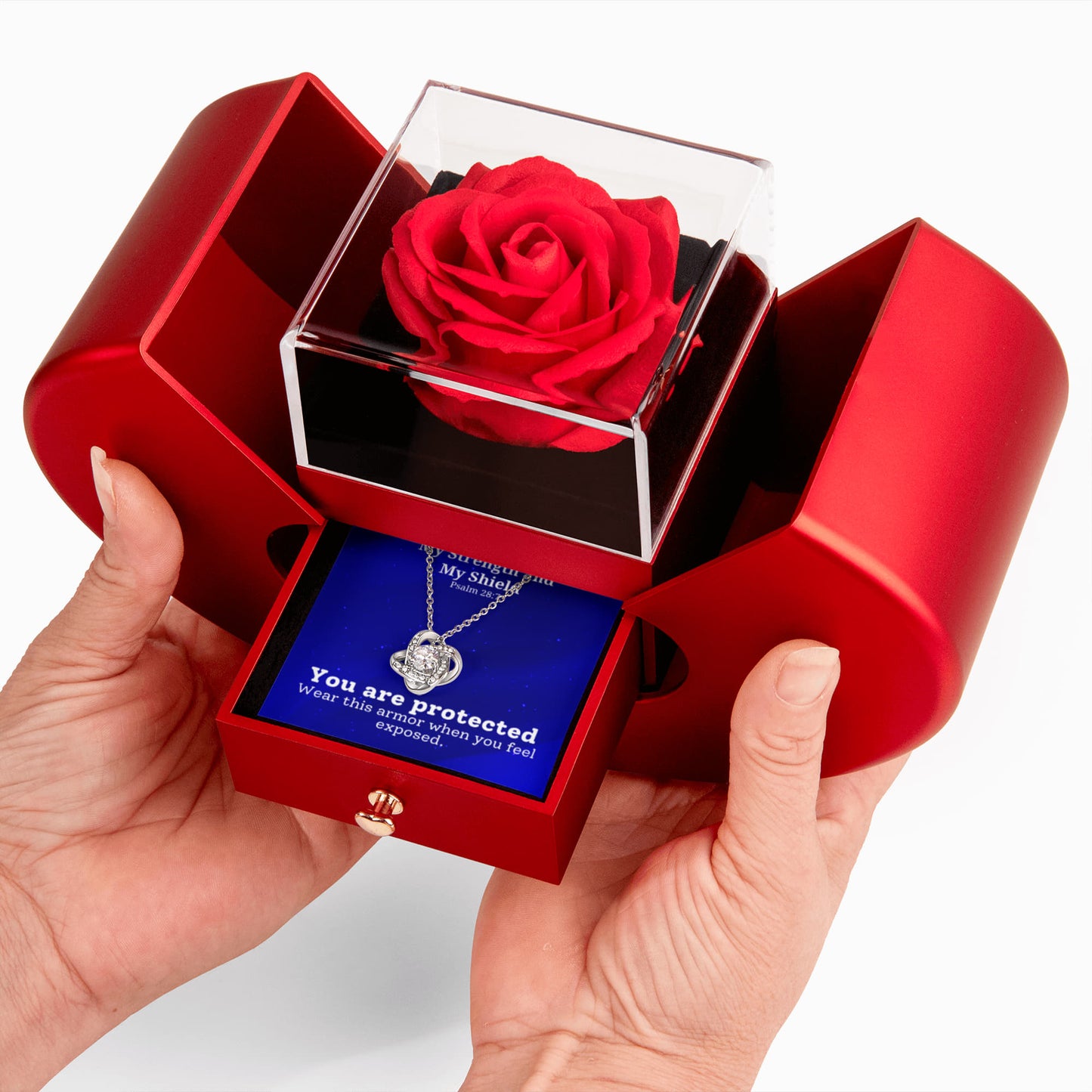 My Strength and My Shield (Psalm 28:7) | Love Knot Necklace in Red Heart Rose Box