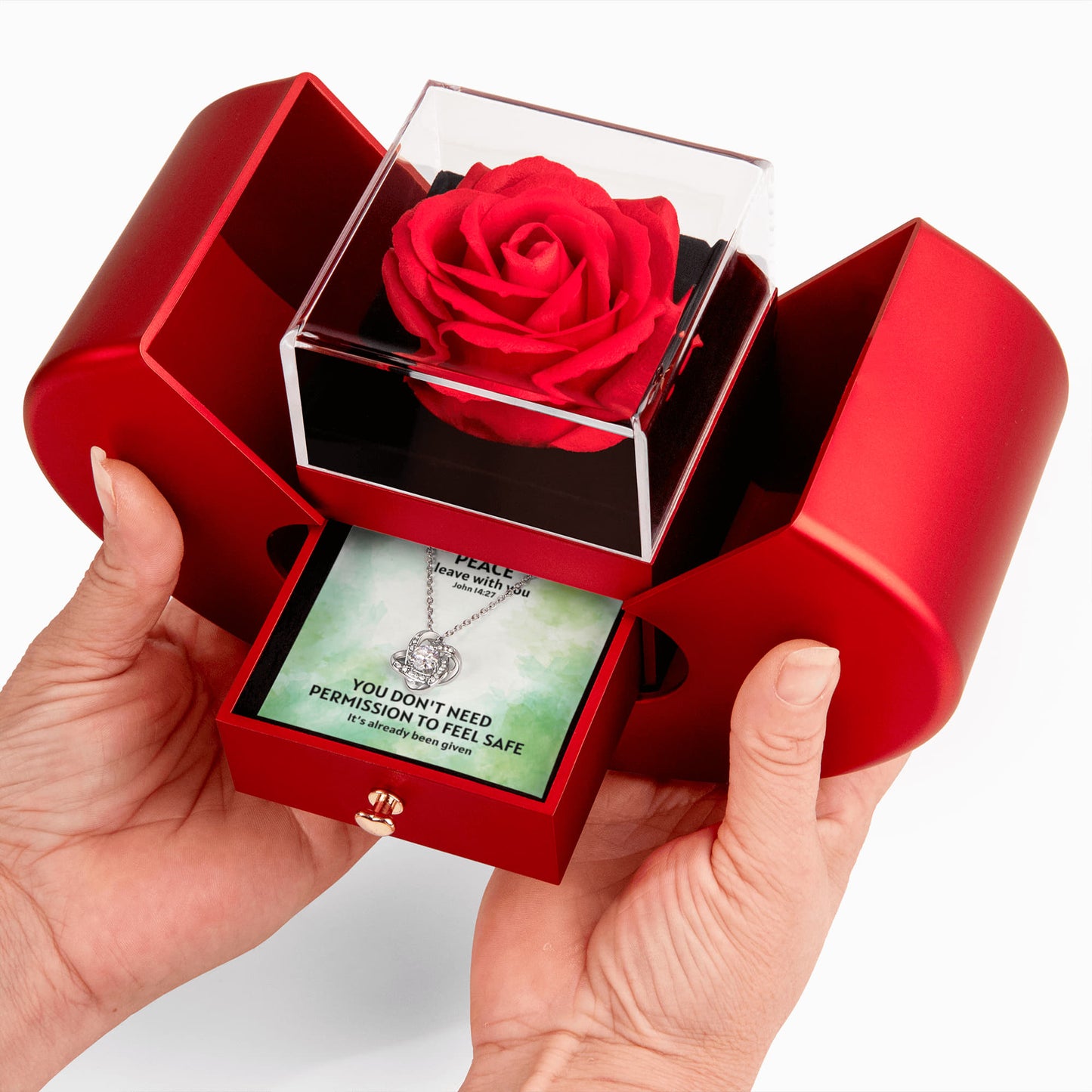 Peace I Leave With You (John 14:27) | Love Knot Necklace in Red Heart Rose Box
