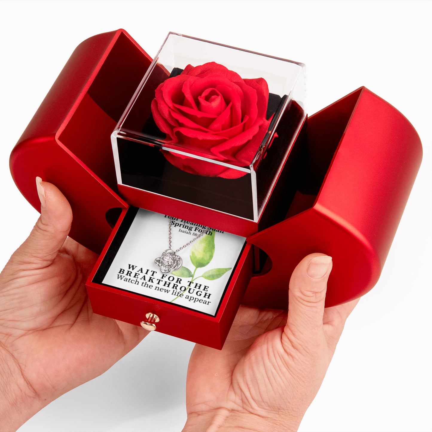Your Healing Shall Spring Forth (Isaiah 58:8) | Love Knot Necklace in Red Heart Rose Box