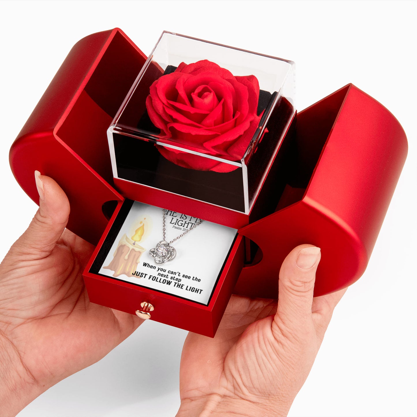 He Is My Light (Psalm 27:1) | Love Knot Necklace in Red Heart Rose Box