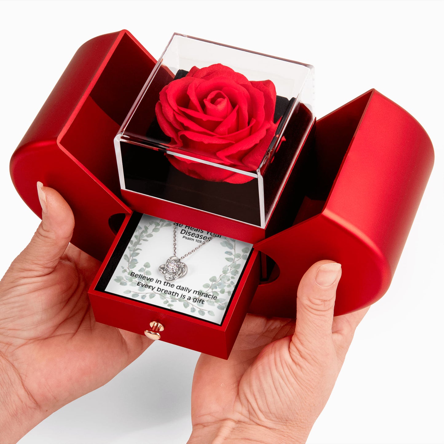 He Heals Your Diseases (Psalm 103:3) | Love Knot Necklace in Red Heart Rose Box