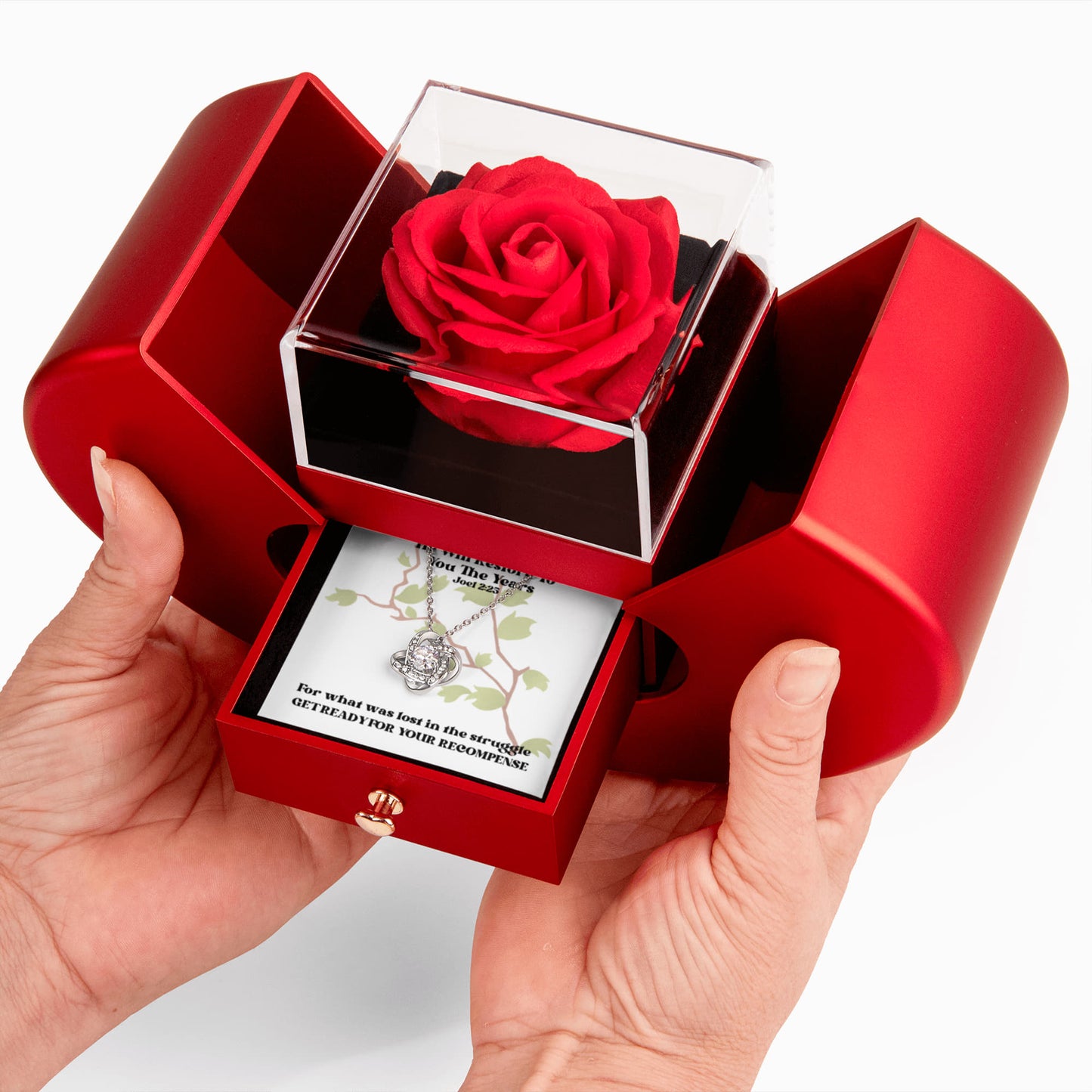 He Will Restore To You The Years (Joel 2:25) | Love Knot Necklace in Red Heart Rose Box