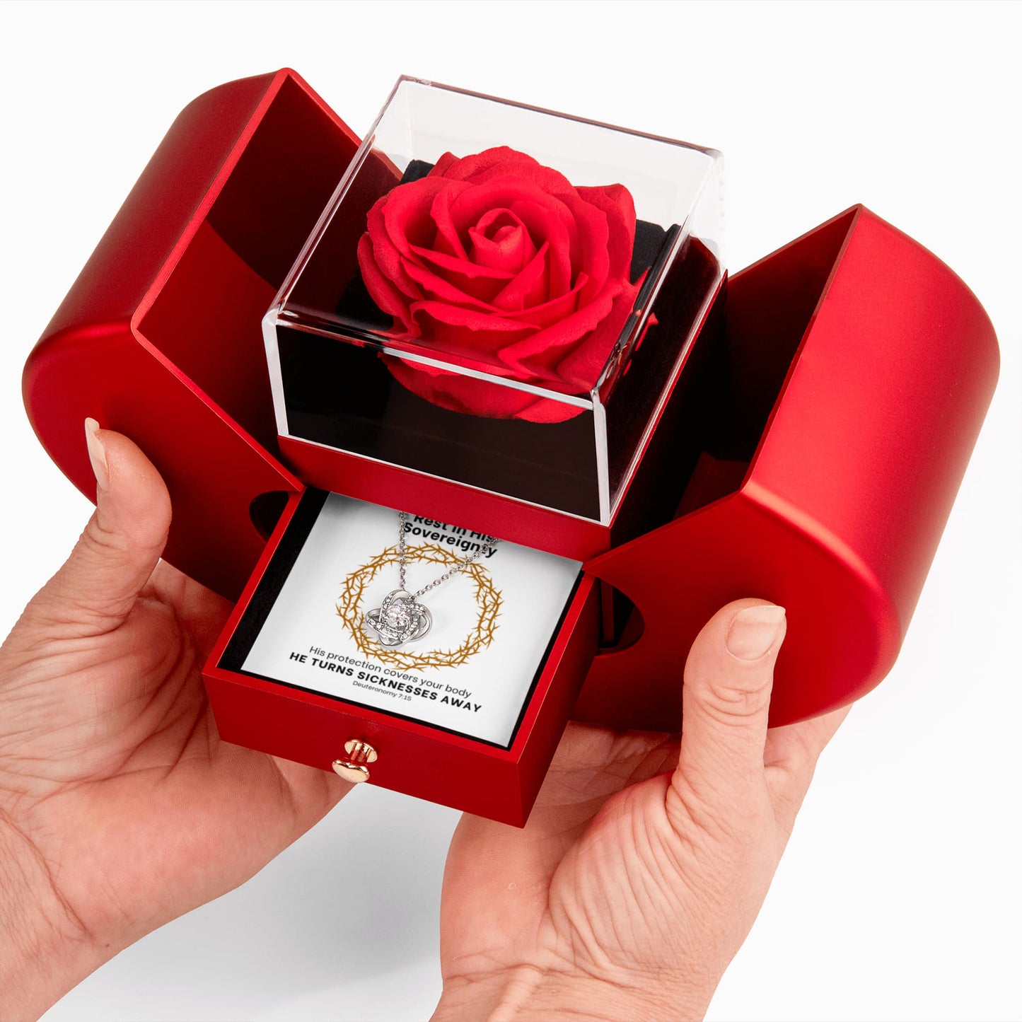 He Turns Sicknesses Away (Deuteronomy 7:15) | Love Knot Necklace in Red Heart Rose Box