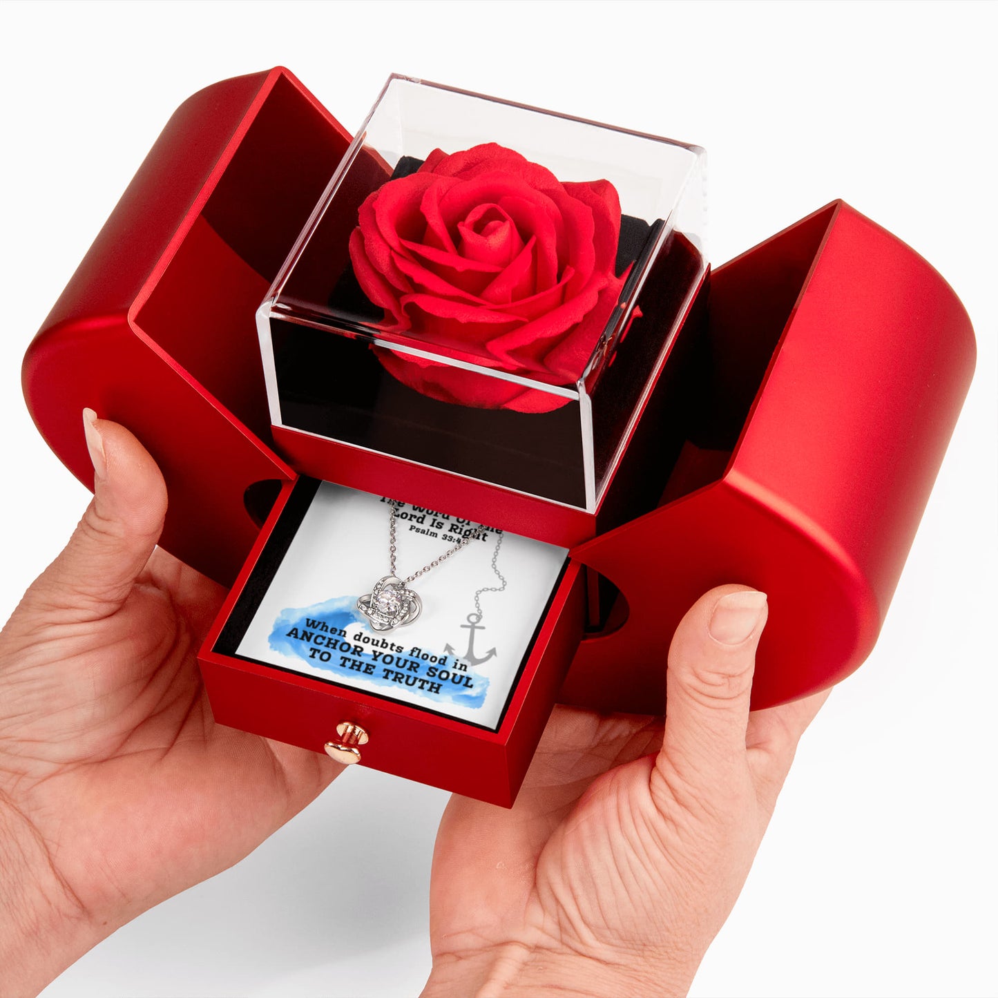The Word Of The Lord Is Right (Psalm 33:4) | Love Knot Necklace in Red Heart Rose Box