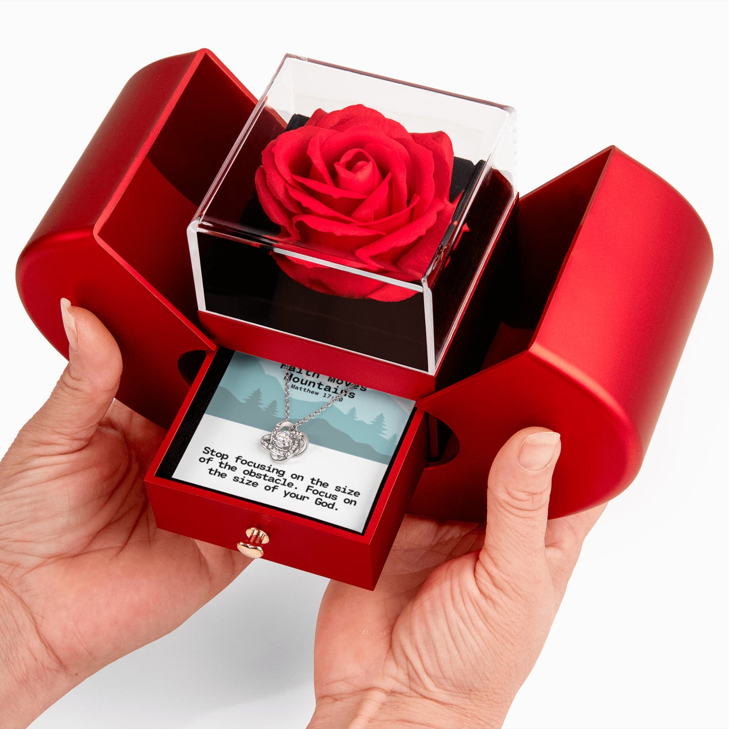 Faith Moves Mountains (Matthew 17:20) | Love Knot Necklace in Red Heart Rose Box