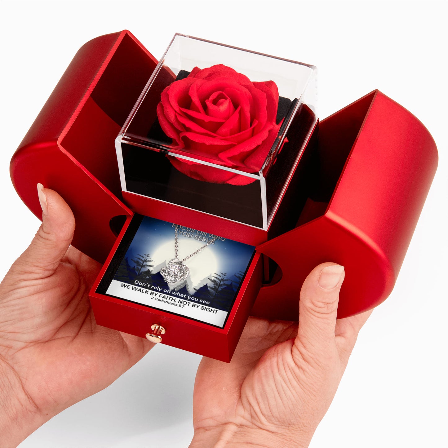 We Walk By Faith, Not By Sight (2 Corinthians 5:7) | Love Knot Necklace in Red Heart Rose Box