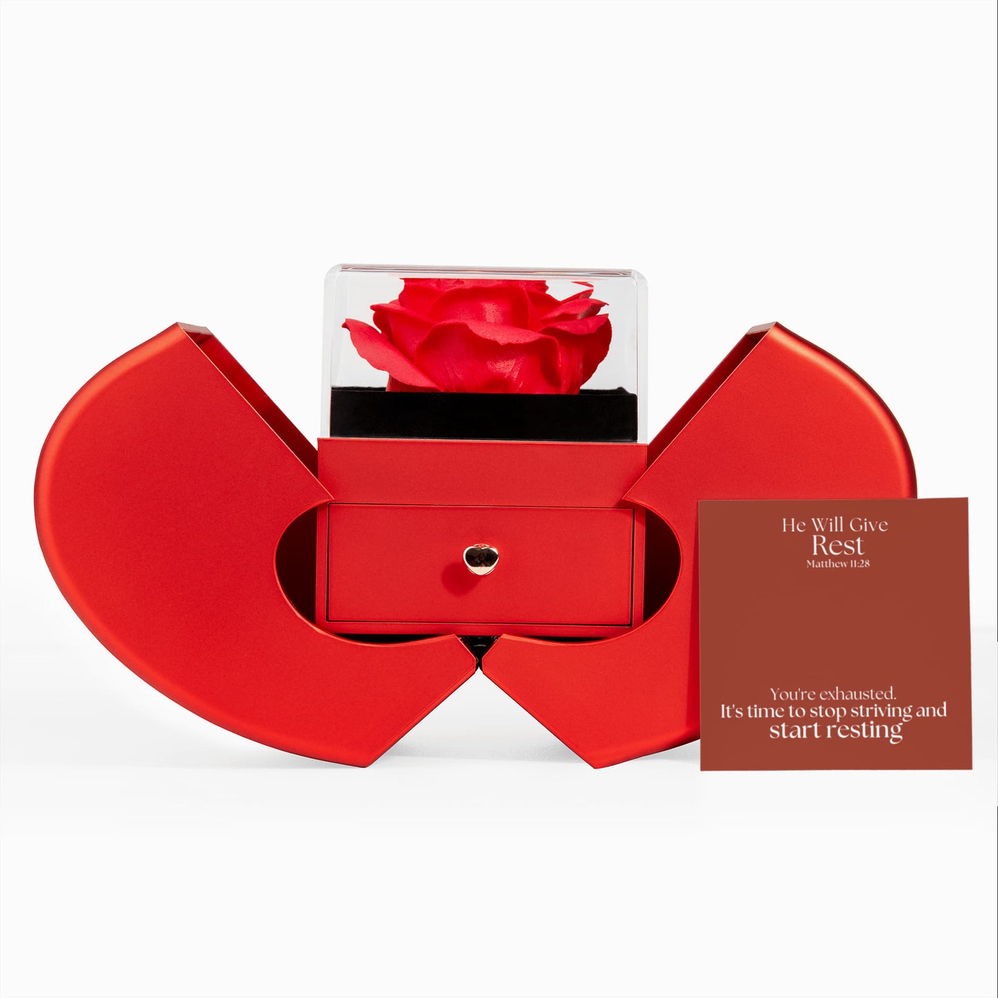 He Will Give  Rest (Matthew 11:28) | Love Knot Necklace in Red Heart Rose Box