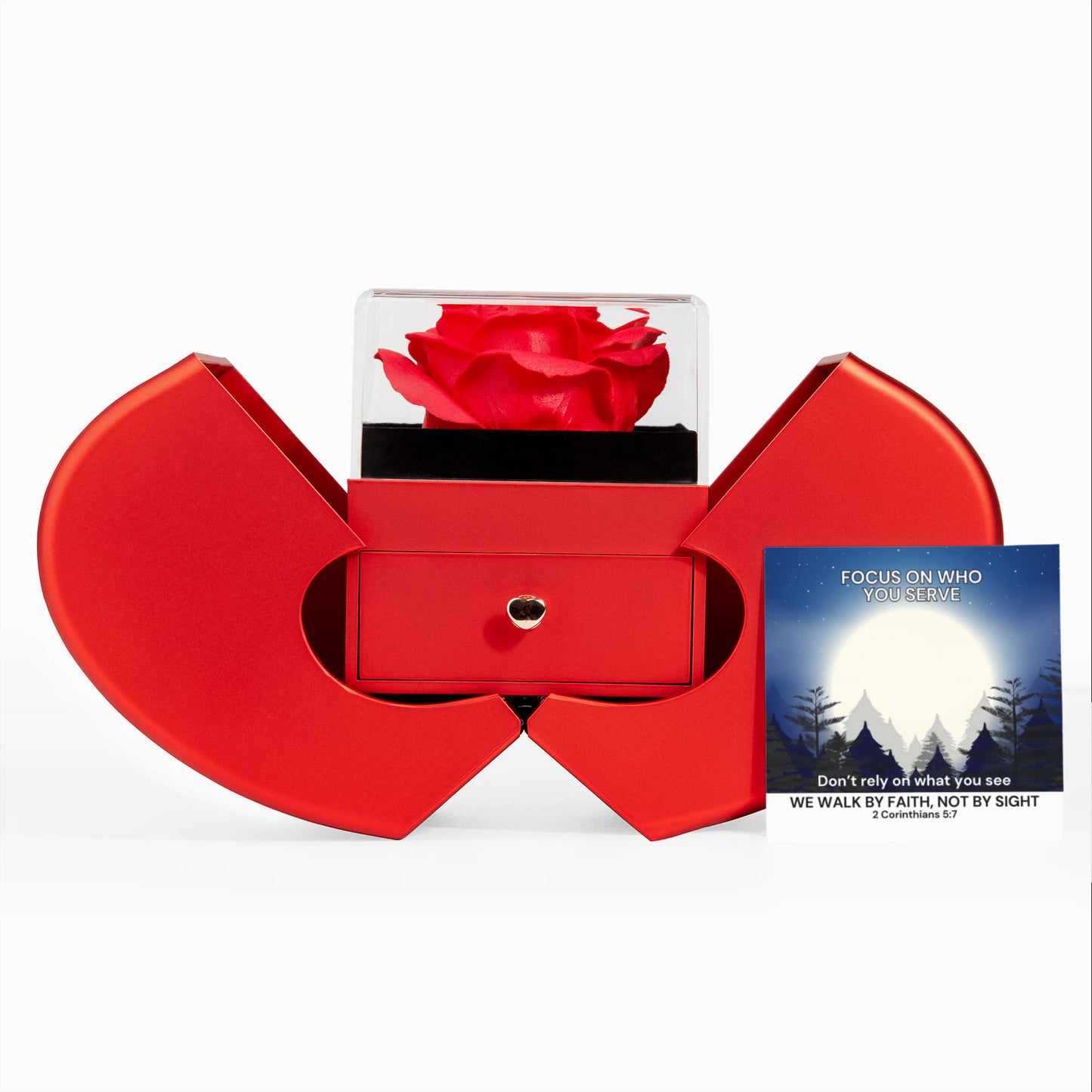 We Walk By Faith, Not By Sight (2 Corinthians 5:7) | Love Knot Necklace in Red Heart Rose Box