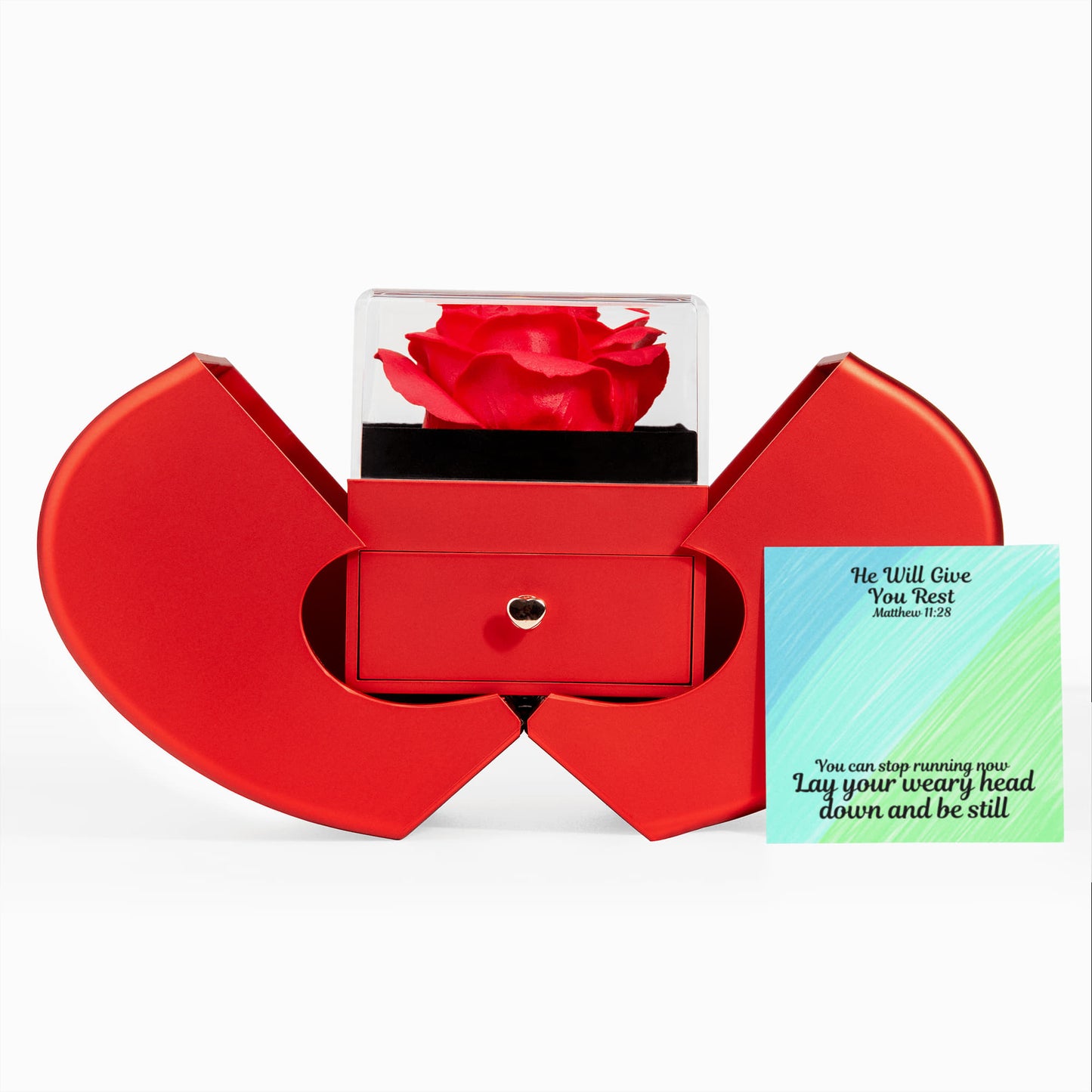 He Will Give You Rest (Matthew 11:28) | Love Knot Necklace in Red Heart Rose Box