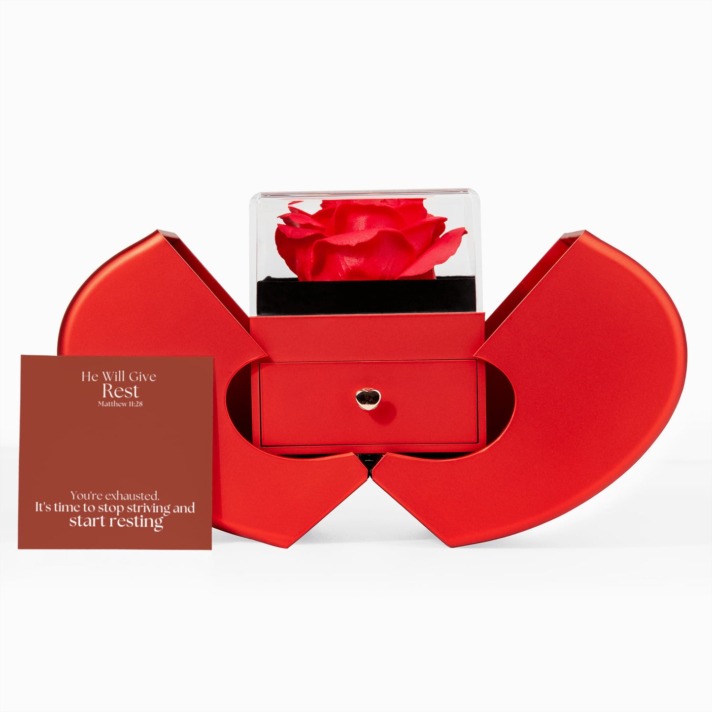 He Will Give  Rest (Matthew 11:28) | Love Knot Necklace in Red Heart Rose Box