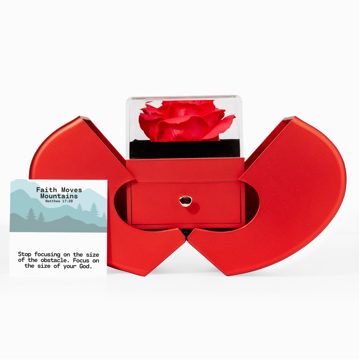 Faith Moves Mountains (Matthew 17:20) | Love Knot Necklace in Red Heart Rose Box