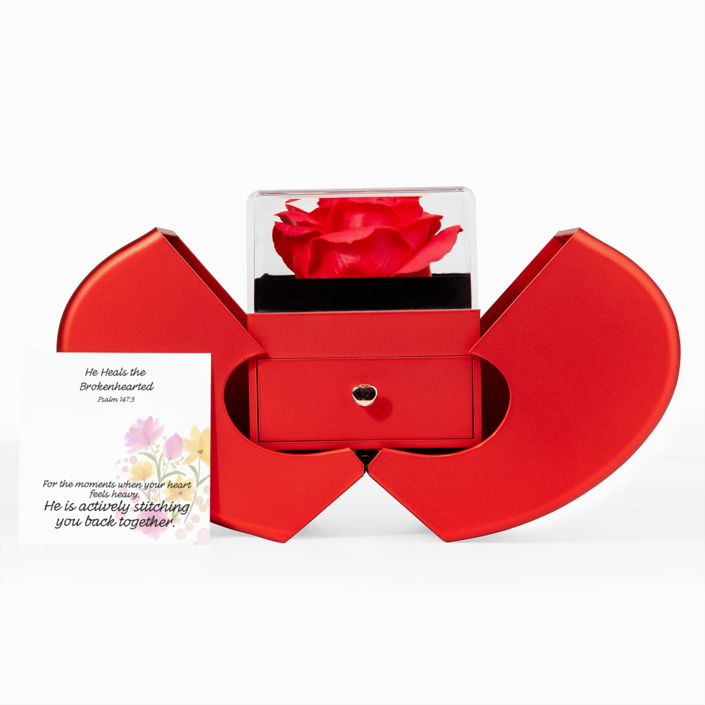 He Heals The Brokenhearted (Psalm 147:3) | Love Knot Necklace in Red Heart Rose Box