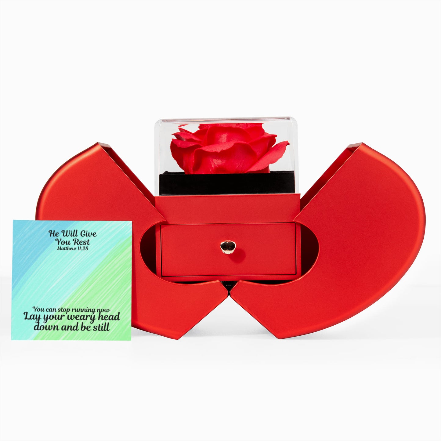 He Will Give You Rest (Matthew 11:28) | Love Knot Necklace in Red Heart Rose Box