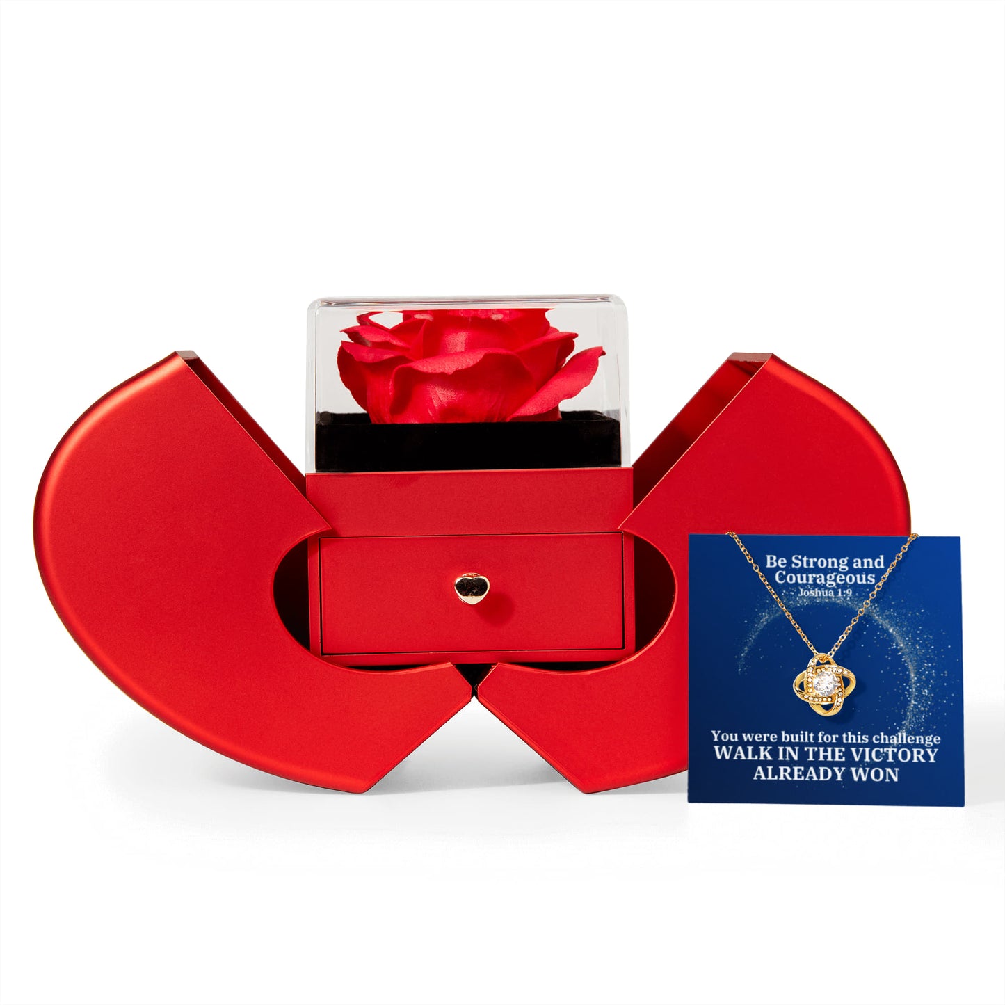 Be Strong And Courageous (Joshua 1:9) | Love Knot Necklace in Red Heart Rose Box