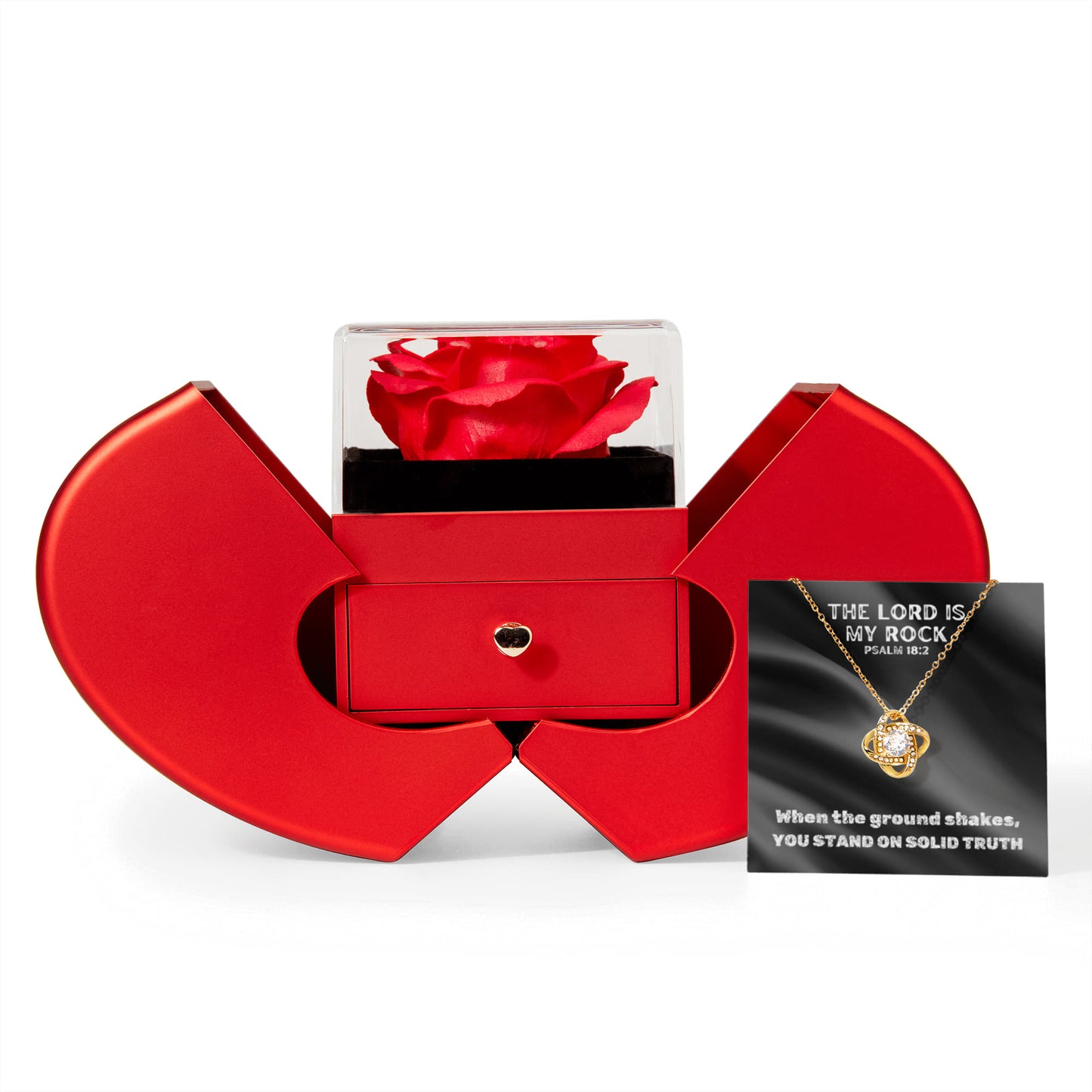 The Lord Is My Rock (Psalm 18:2) | Love Knot Necklace in Red Heart Rose Box