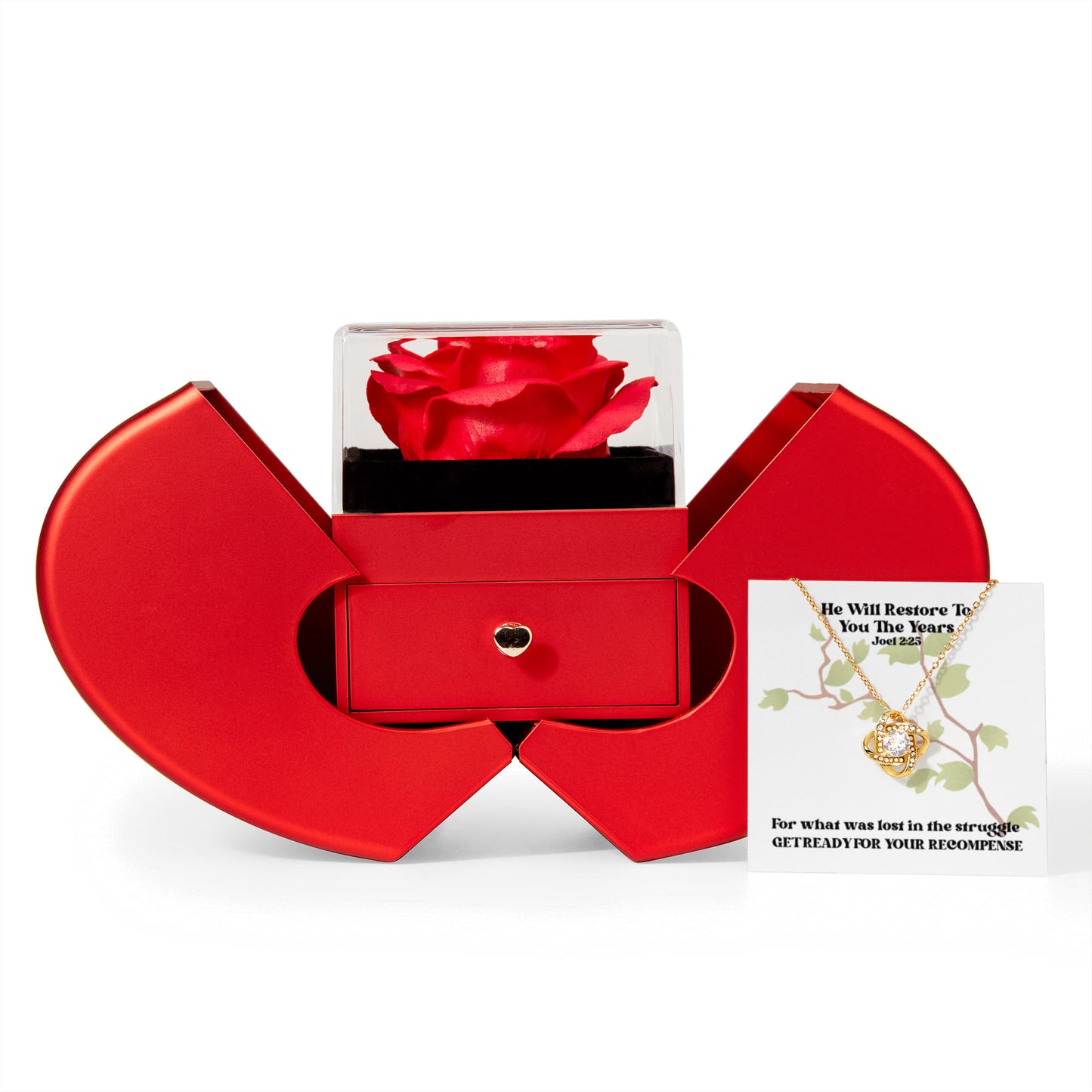 He Will Restore To You The Years (Joel 2:25) | Love Knot Necklace in Red Heart Rose Box