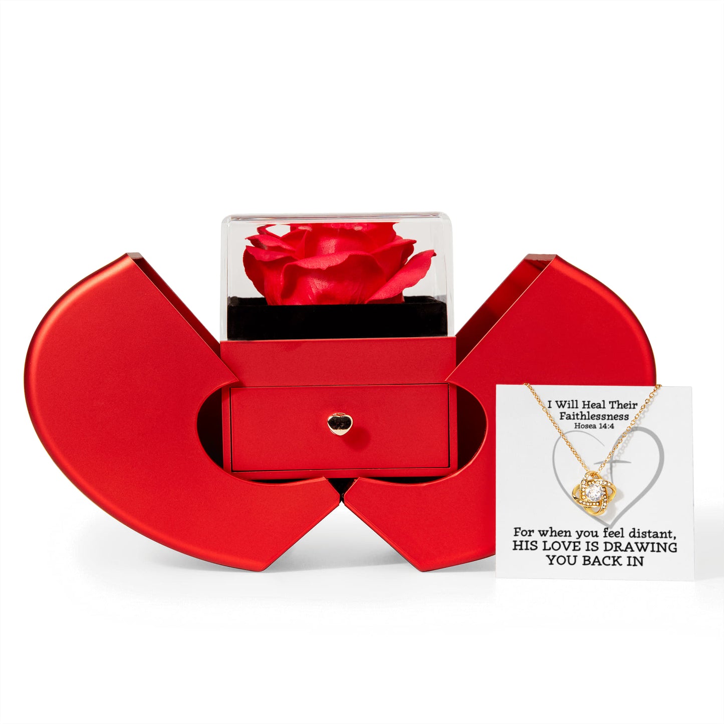 I Will Heal Their  Faithlessness (Hosea 14:4) | Love Knot Necklace in Red Heart Rose Box