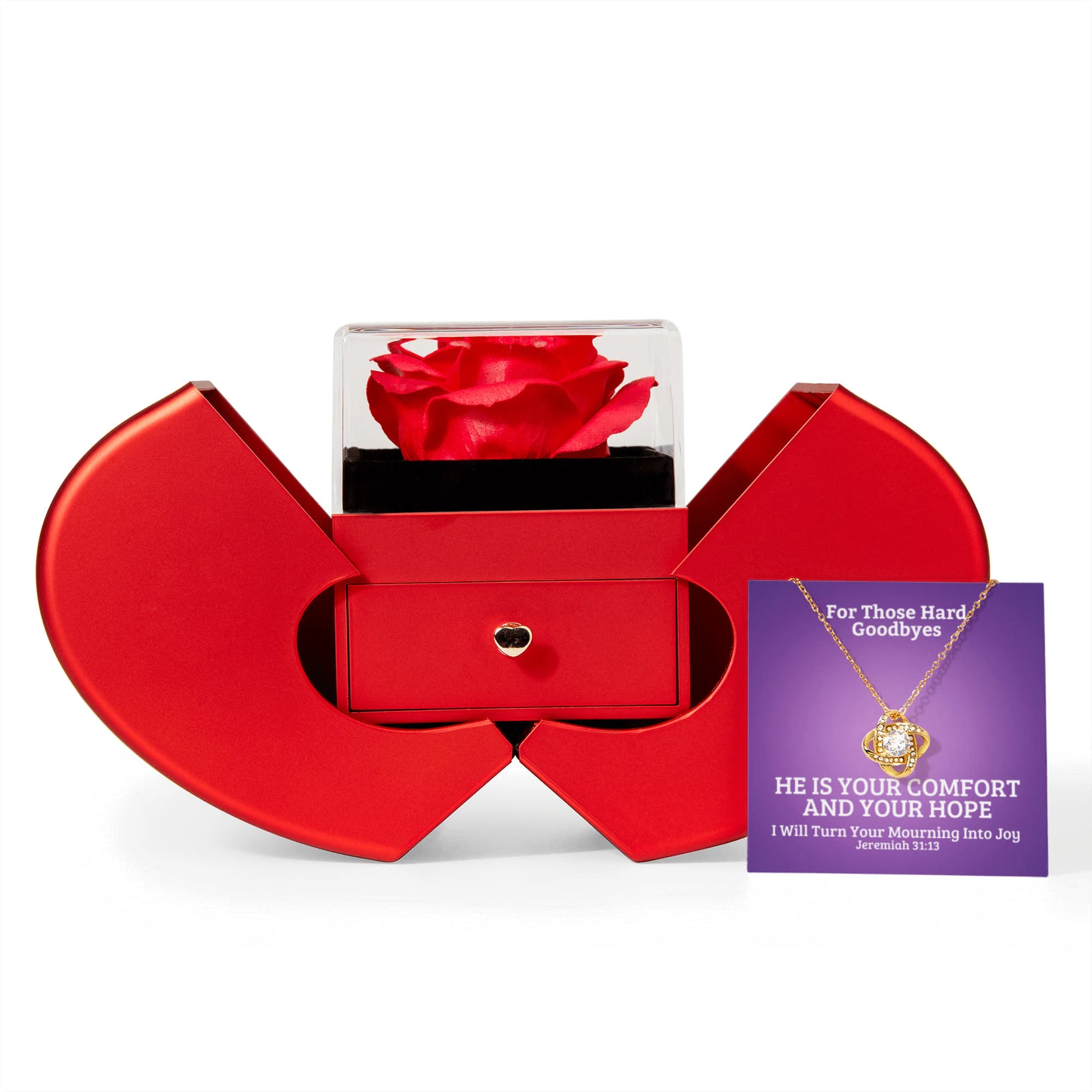 I Will Turn Your Mourning Into Joy (Jeremiah 31:13) | Love Knot Necklace in Red Heart Rose Box