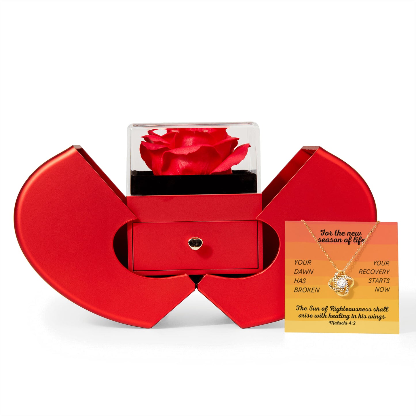 Healing In His Wings (Malachi 4:2) | Love Knot Necklace in Red Heart Rose Box