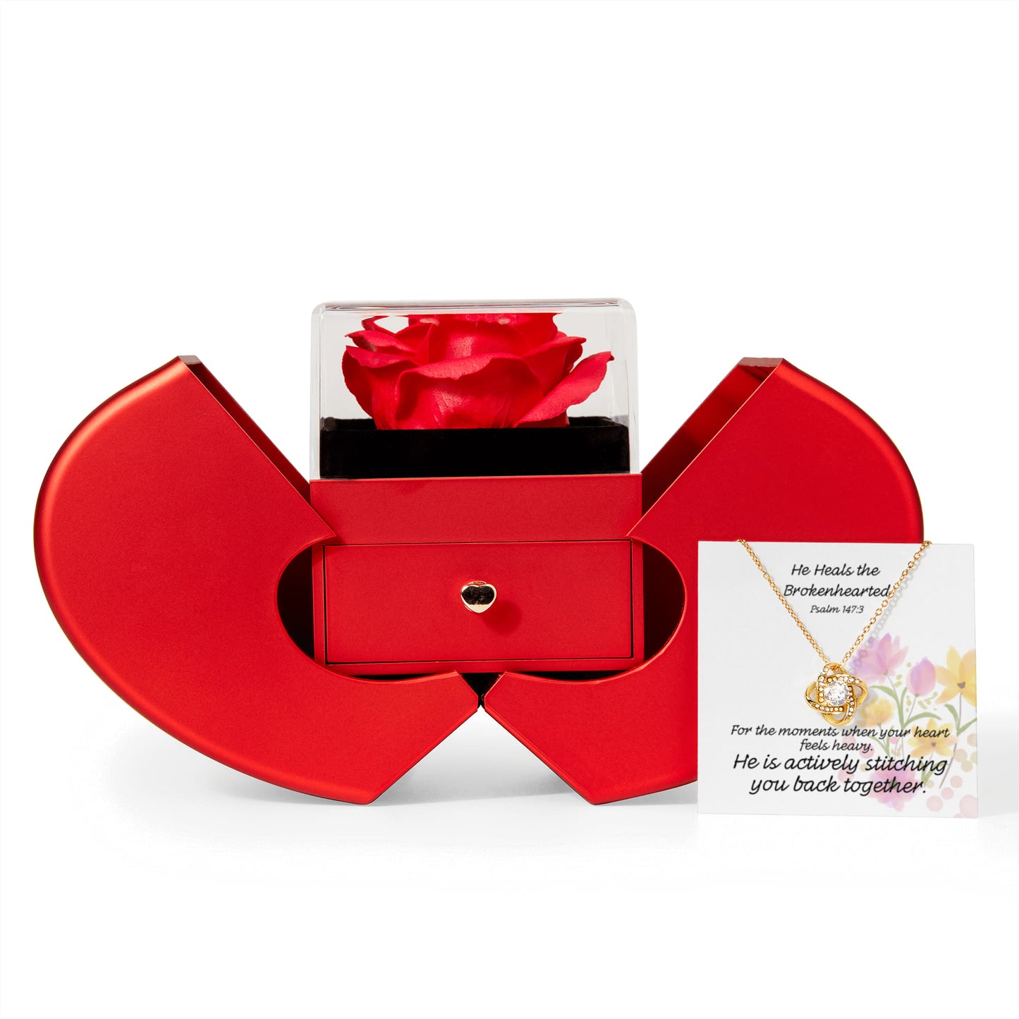 He Heals The Brokenhearted (Psalm 147:3) | Love Knot Necklace in Red Heart Rose Box