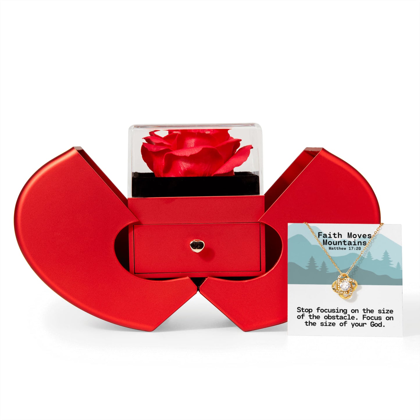 Faith Moves Mountains (Matthew 17:20) | Love Knot Necklace in Red Heart Rose Box