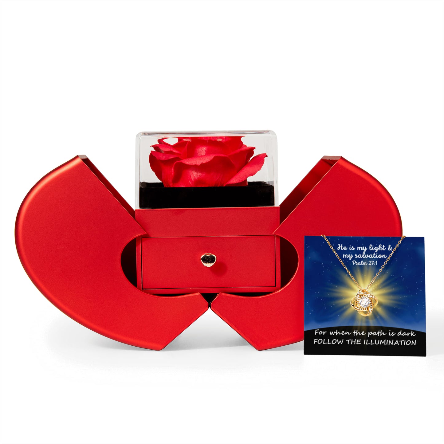 He Is My Light & My Salvation (Psalm 27:1) | Love Knot Necklace in Red Heart Rose Box