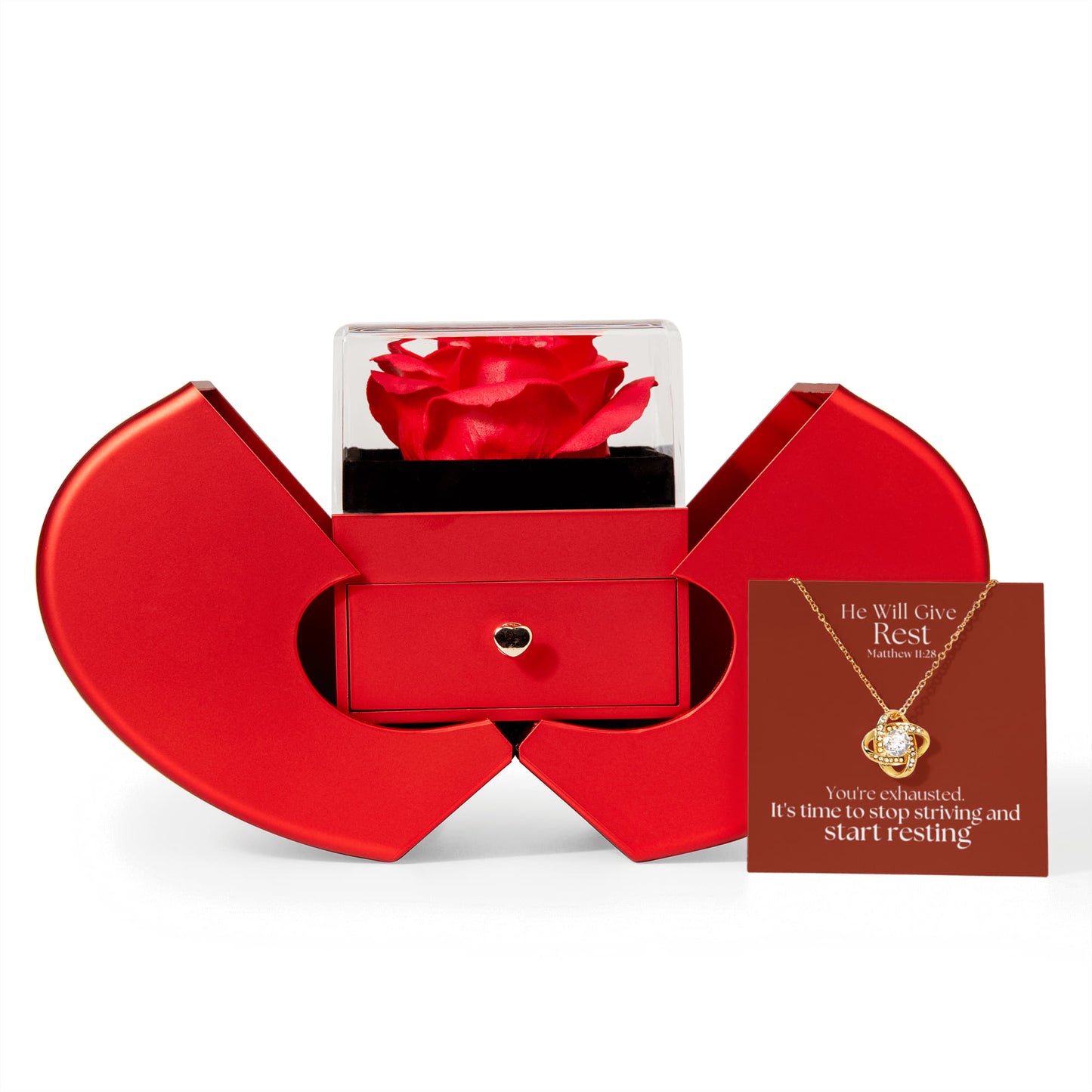 He Will Give  Rest (Matthew 11:28) | Love Knot Necklace in Red Heart Rose Box