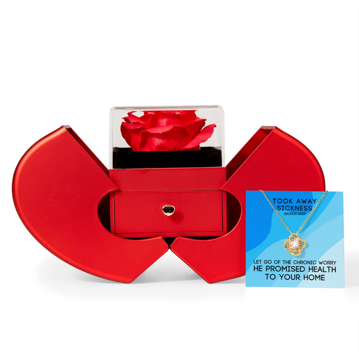 Took Away Sickness (Exodus 23:25) | Love Knot Necklace in Red Heart Rose Box