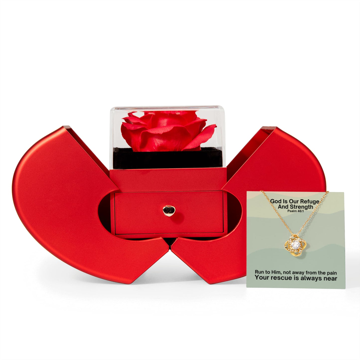 God Is Our Refuge And Strength (Psalm 46:1) | Love Knot Necklace in Red Heart Rose Box
