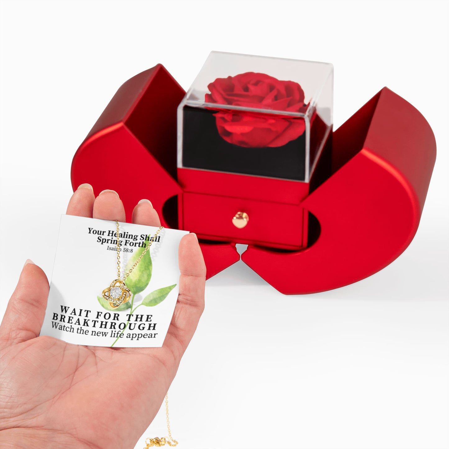 Your Healing Shall Spring Forth (Isaiah 58:8) | Love Knot Necklace in Red Heart Rose Box