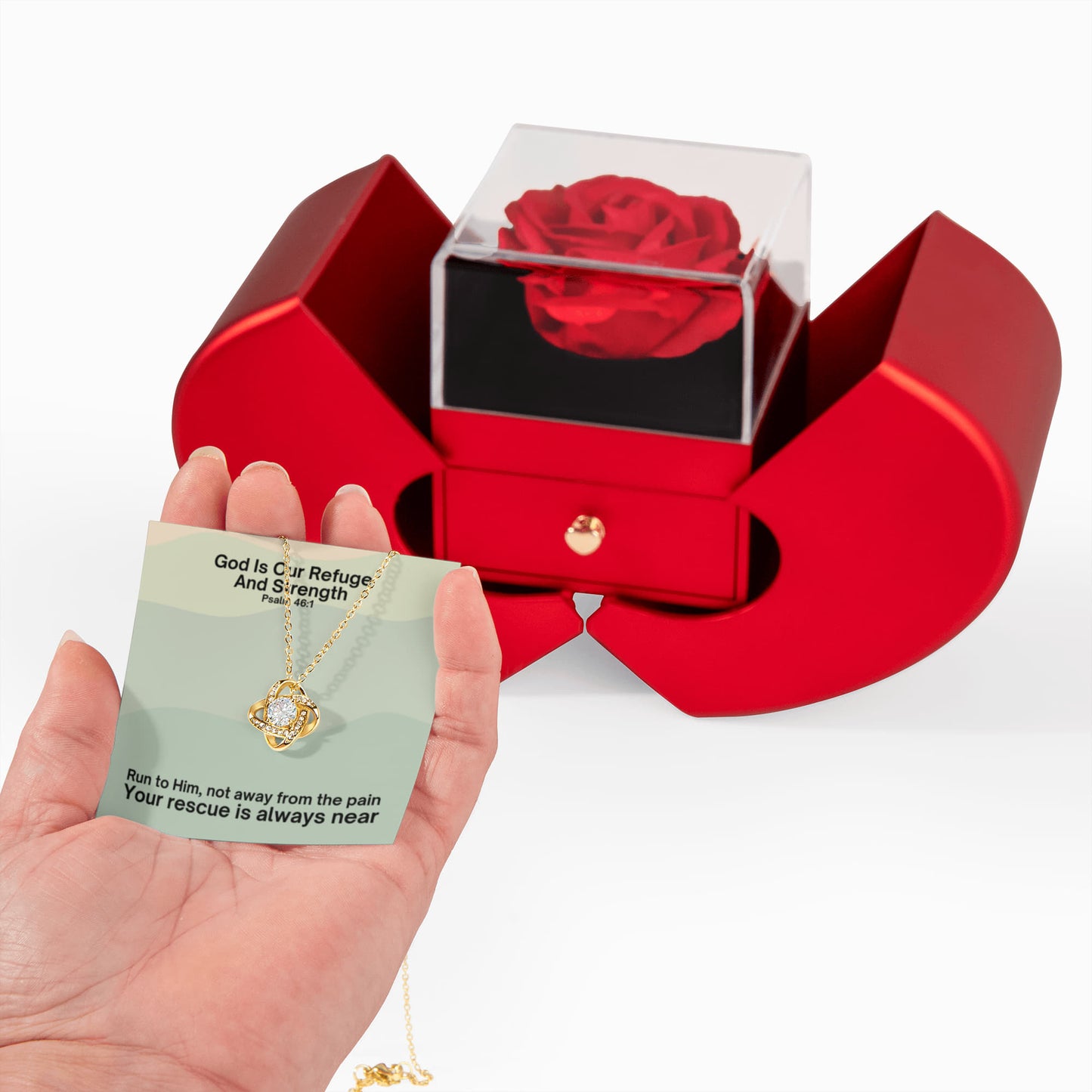 God Is Our Refuge And Strength (Psalm 46:1) | Love Knot Necklace in Red Heart Rose Box