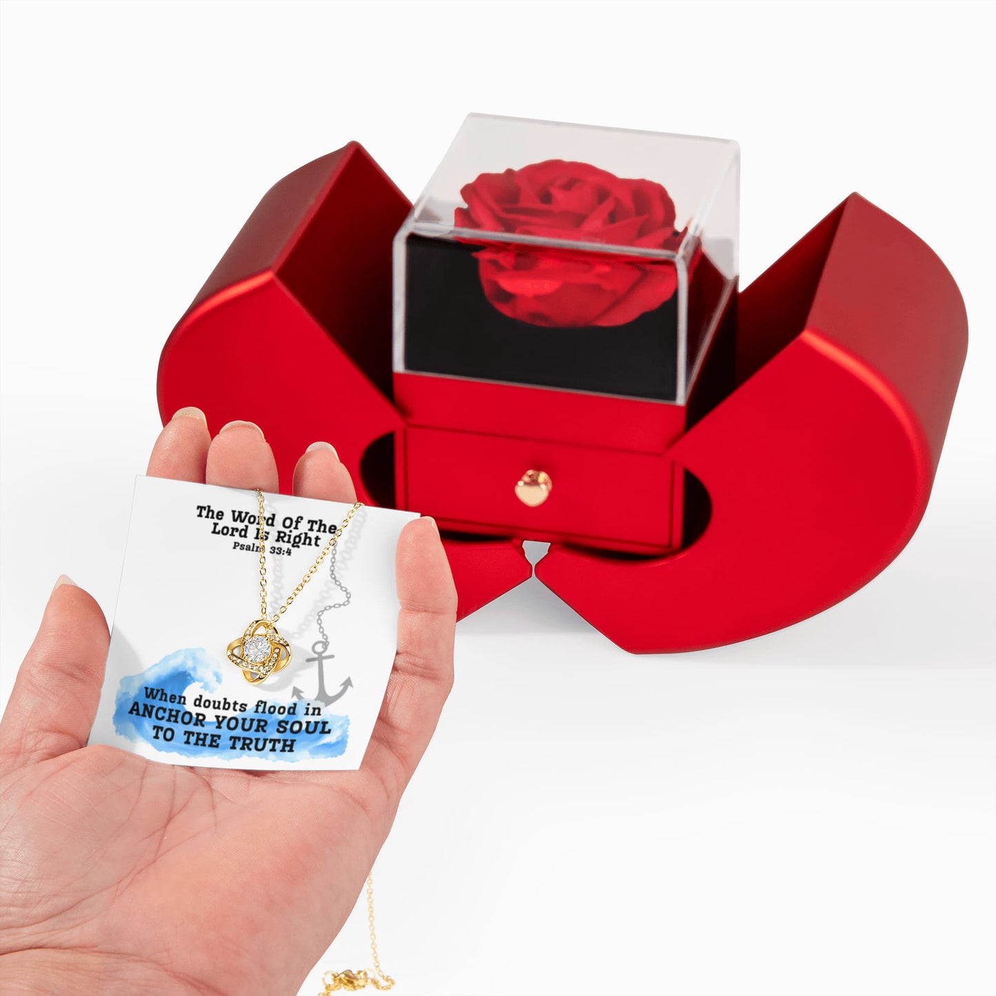 The Word Of The Lord Is Right (Psalm 33:4) | Love Knot Necklace in Red Heart Rose Box