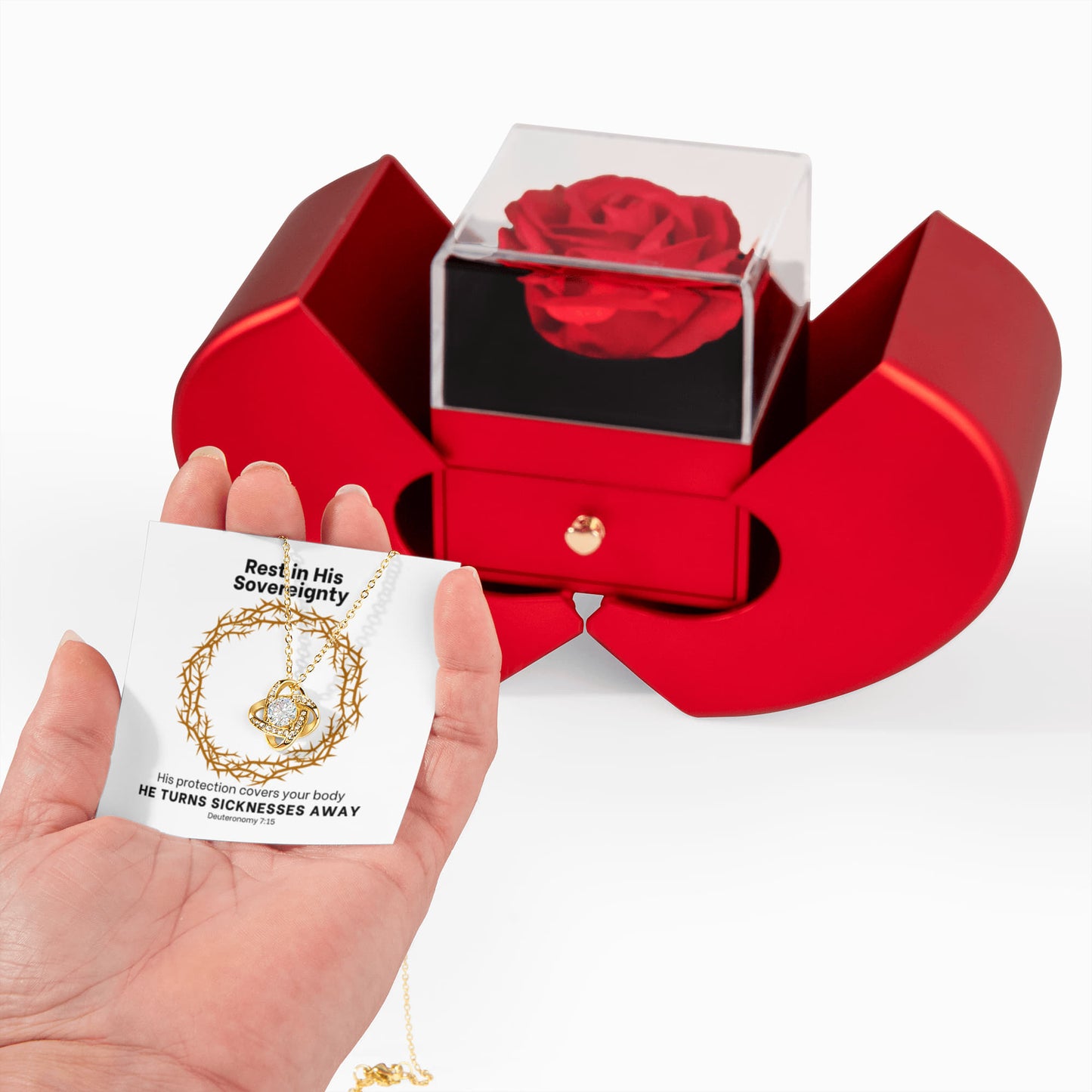 He Turns Sicknesses Away (Deuteronomy 7:15) | Love Knot Necklace in Red Heart Rose Box