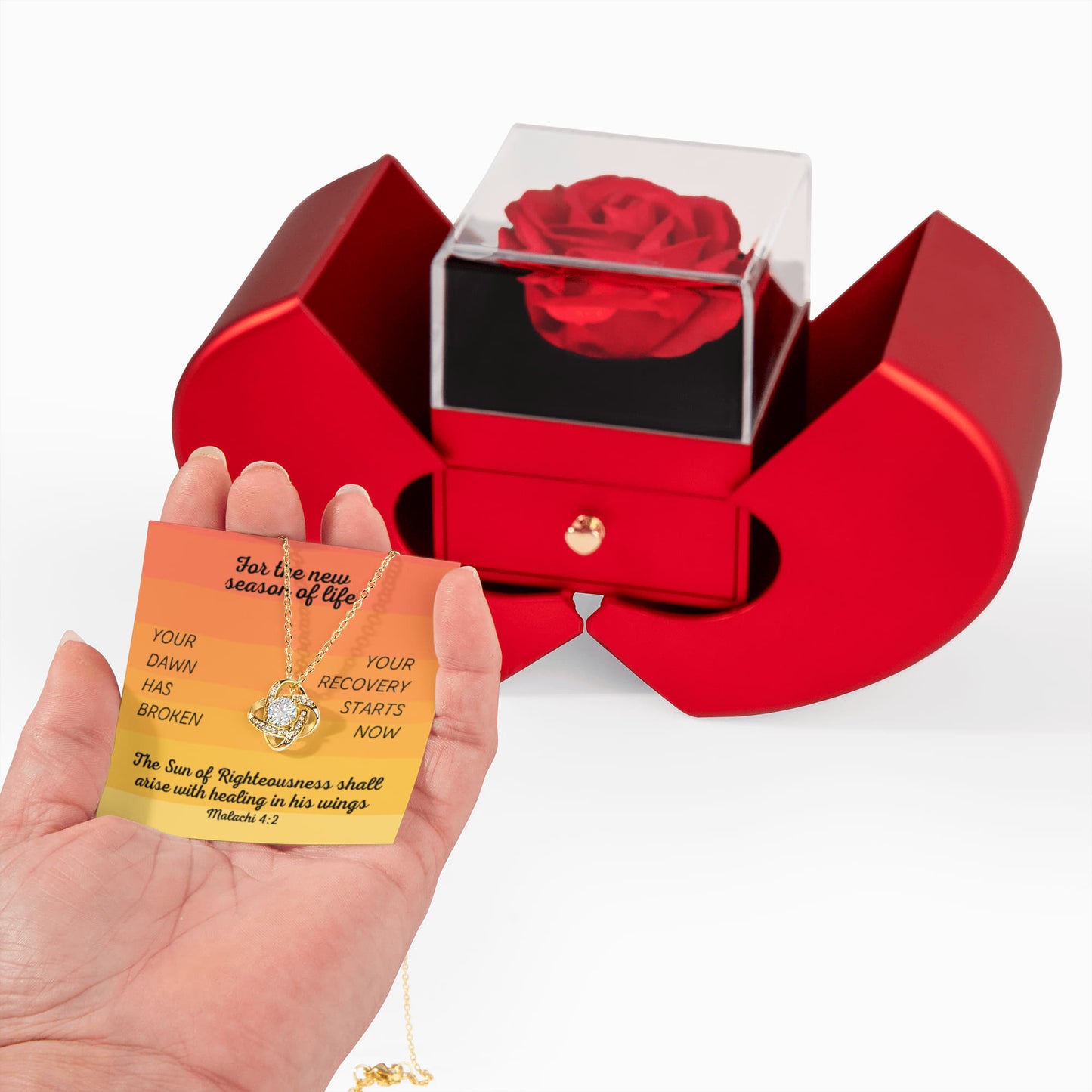 Healing In His Wings (Malachi 4:2) | Love Knot Necklace in Red Heart Rose Box