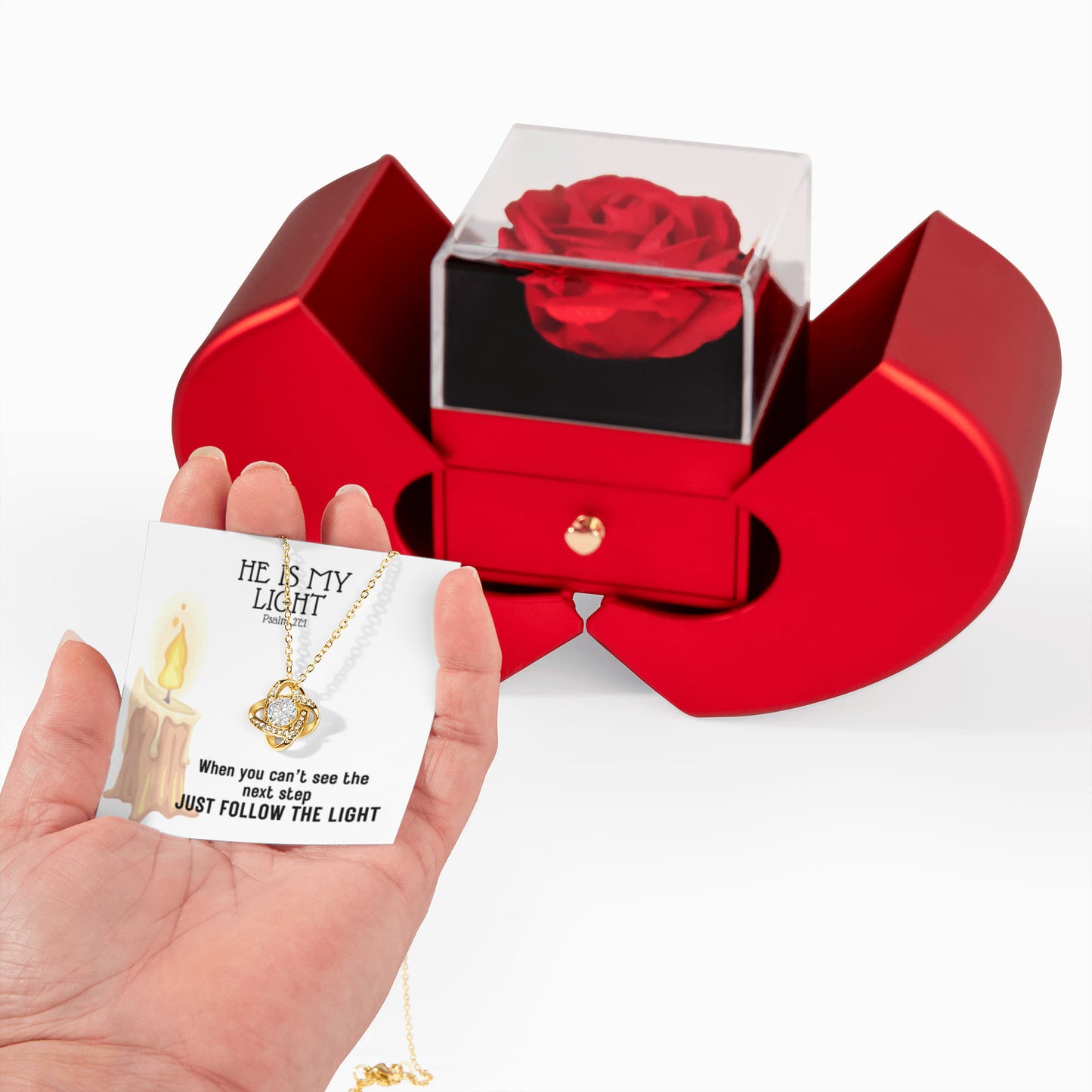 He Is My Light (Psalm 27:1) | Love Knot Necklace in Red Heart Rose Box