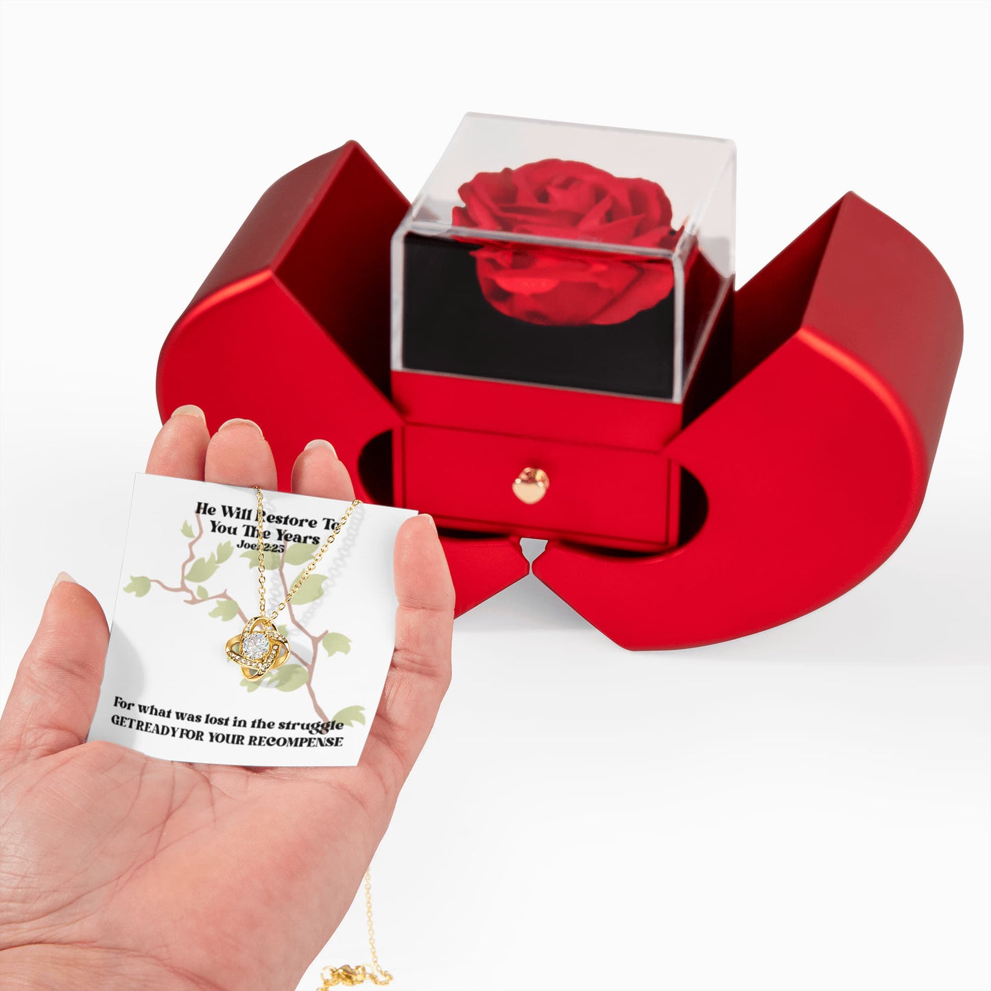 He Will Restore To You The Years (Joel 2:25) | Love Knot Necklace in Red Heart Rose Box