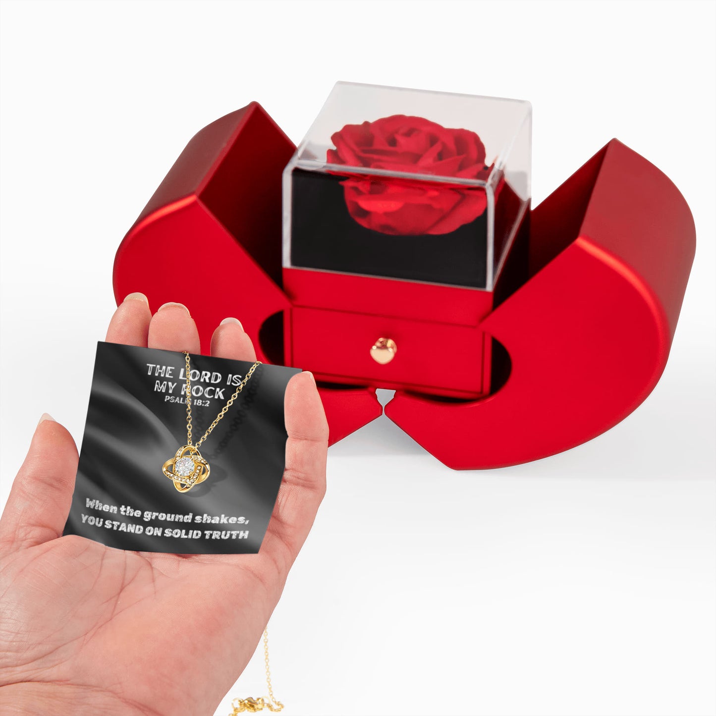 The Lord Is My Rock (Psalm 18:2) | Love Knot Necklace in Red Heart Rose Box