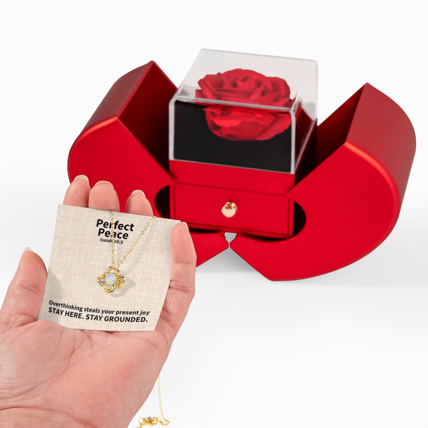 Perfect Peace (Isaiah 26:3) | Love Knot Necklace in Red Heart Rose Box