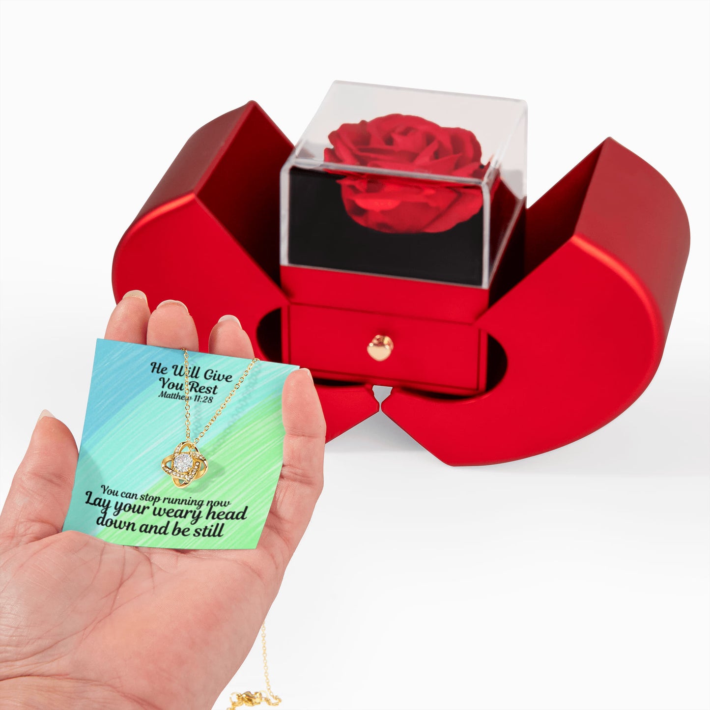 He Will Give You Rest (Matthew 11:28) | Love Knot Necklace in Red Heart Rose Box