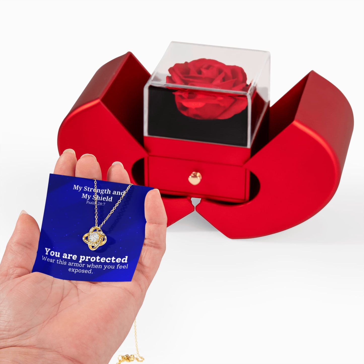 My Strength and My Shield (Psalm 28:7) | Love Knot Necklace in Red Heart Rose Box
