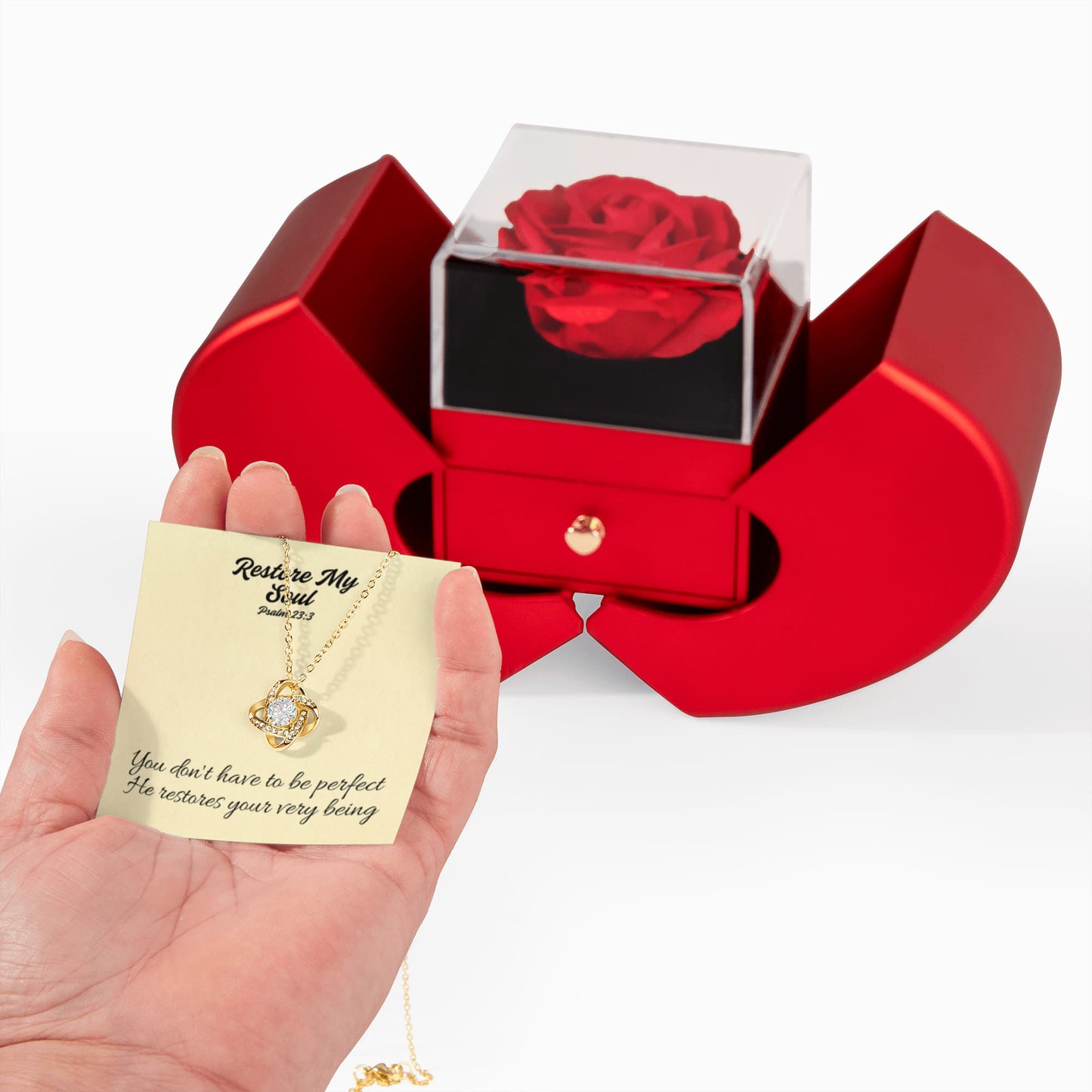 Restore My Soul (Psalm 23:3) | Love Knot Necklace in Red Heart Rose Box