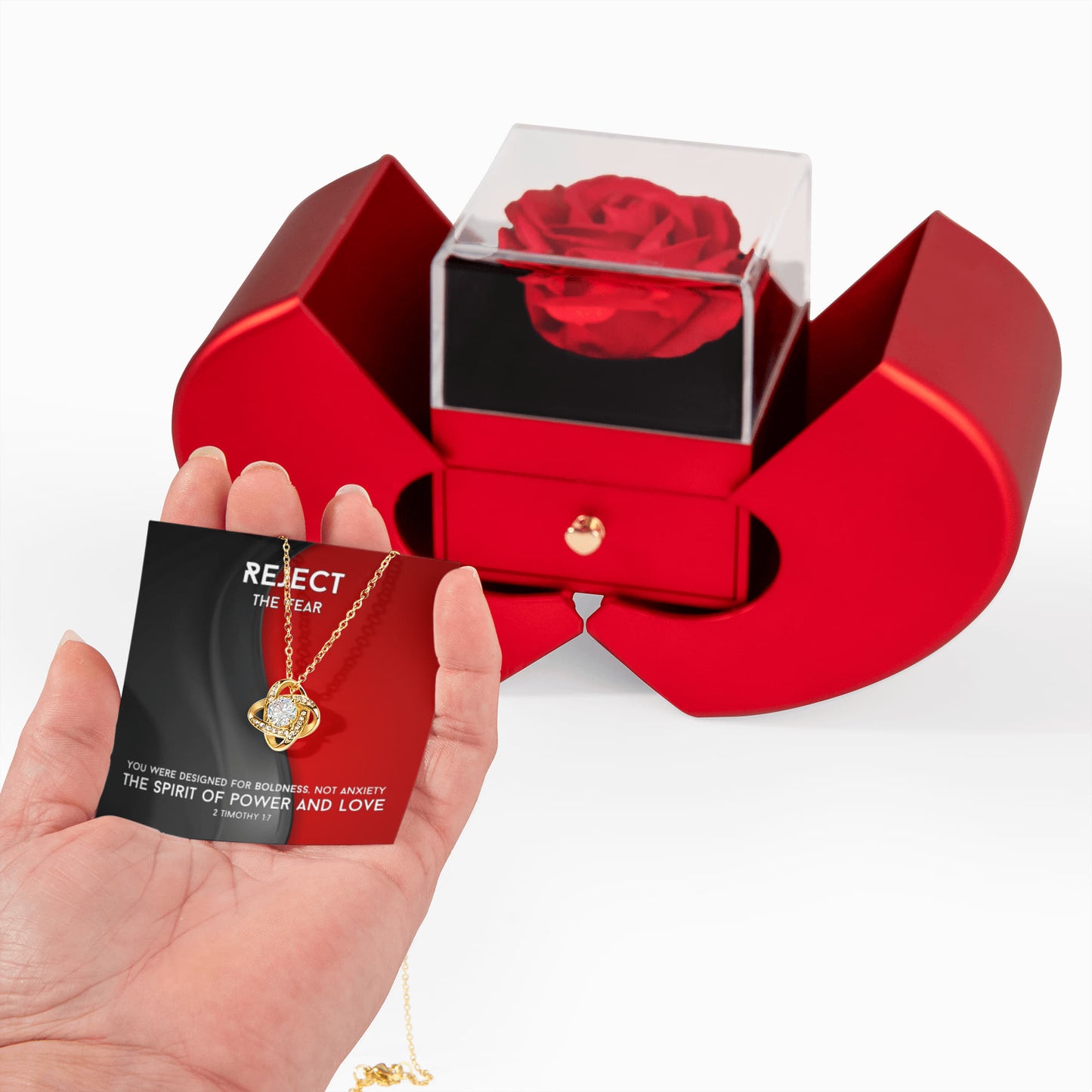 The Spirit Of Power And Love (2 Timothy 1:7) | Love Knot Necklace in Red Heart Rose Box
