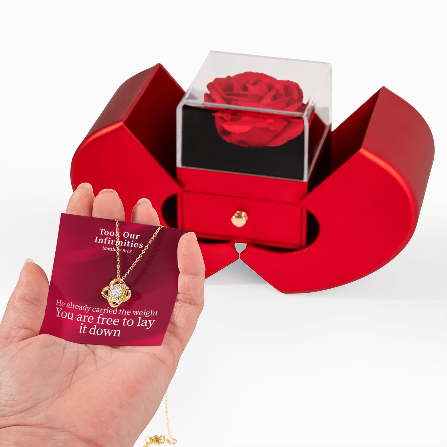 Took Our Infirmities (Matthew :17) | Love Knot Necklace in Red Heart Rose Box