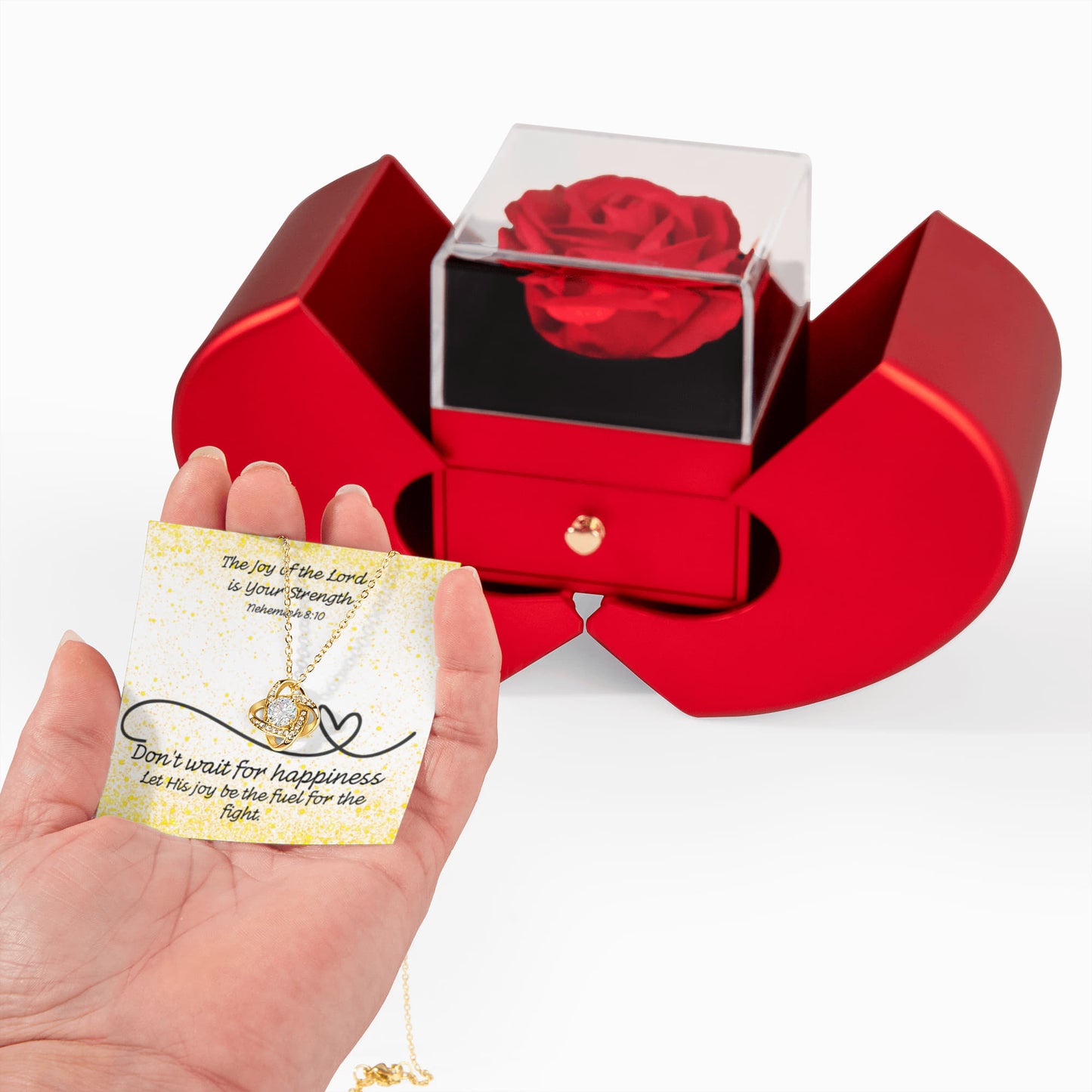 The Joy of the Lord Is Your Strength (Nehemiah 8:10) | Love Knot Necklace in Red Heart Rose Box