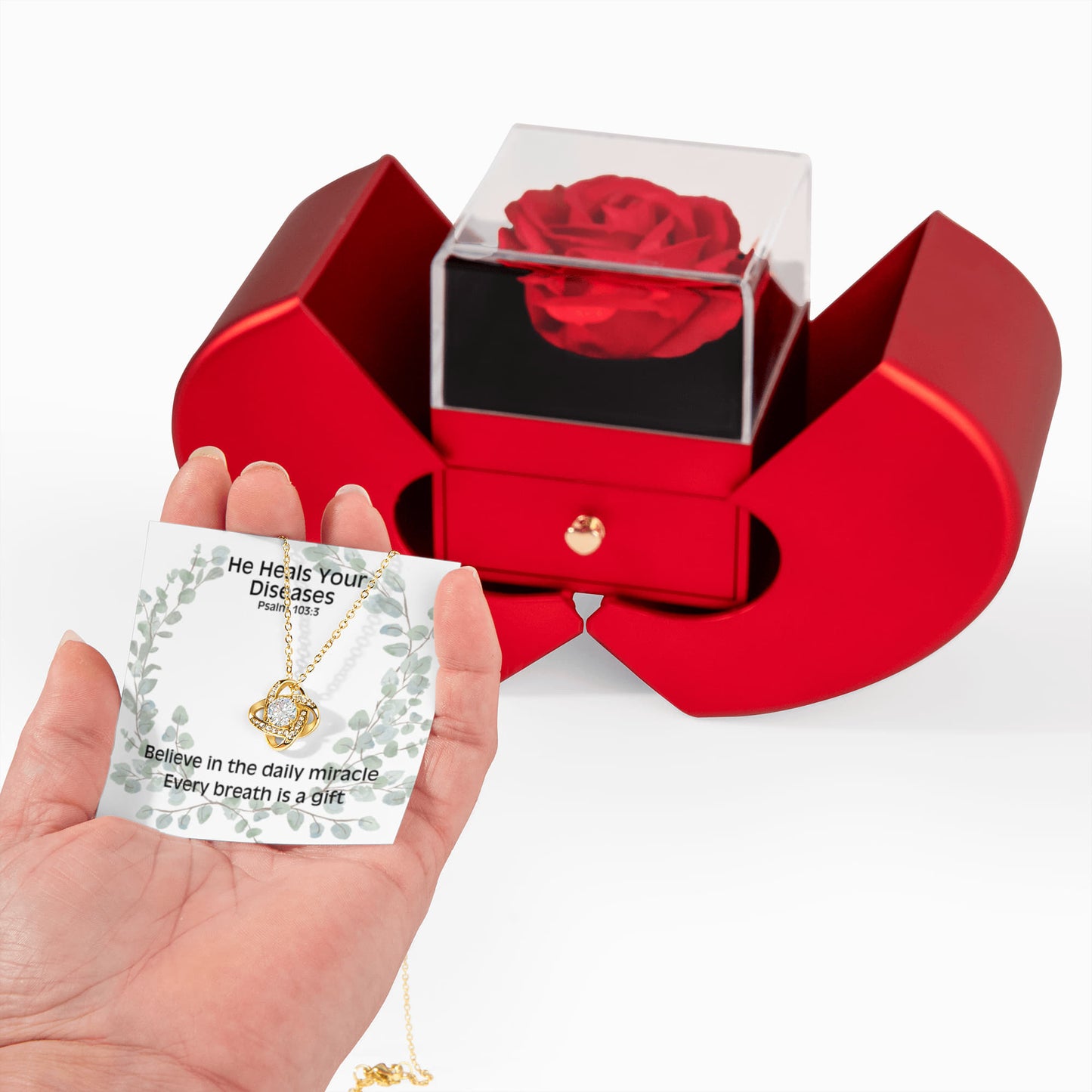 He Heals Your Diseases (Psalm 103:3) | Love Knot Necklace in Red Heart Rose Box