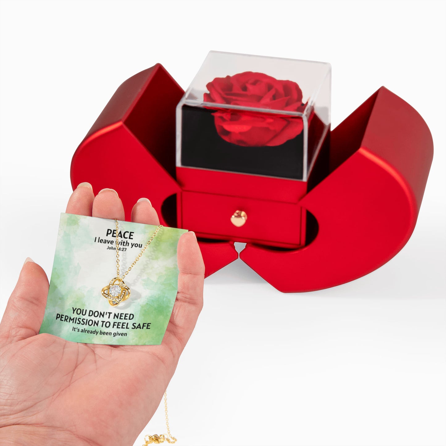 Peace I Leave With You (John 14:27) | Love Knot Necklace in Red Heart Rose Box