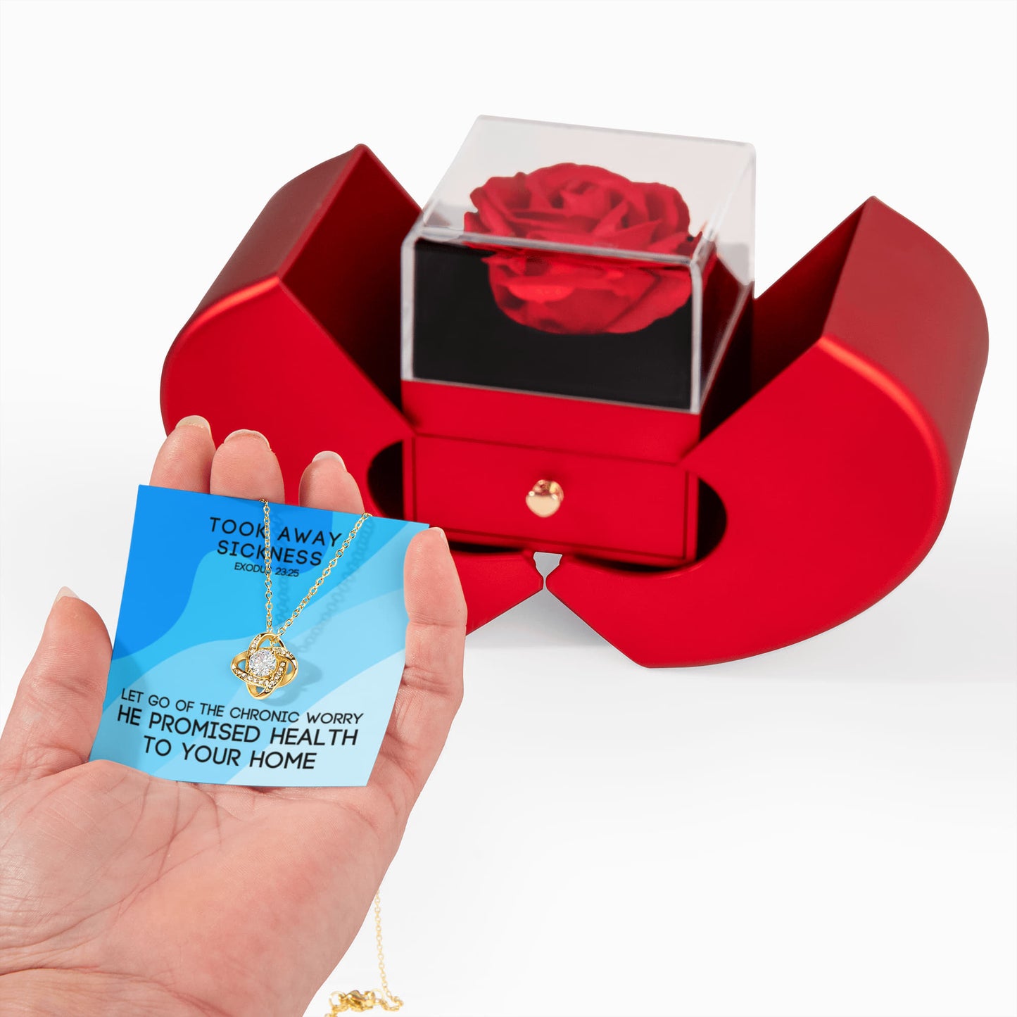 Took Away Sickness (Exodus 23:25) | Love Knot Necklace in Red Heart Rose Box
