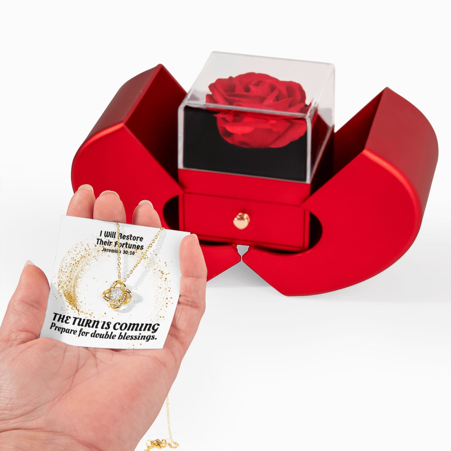 I Will Restore Their Fortunes (Jeremiah 30:18) | Love Knot Necklace in Red Heart Rose Box