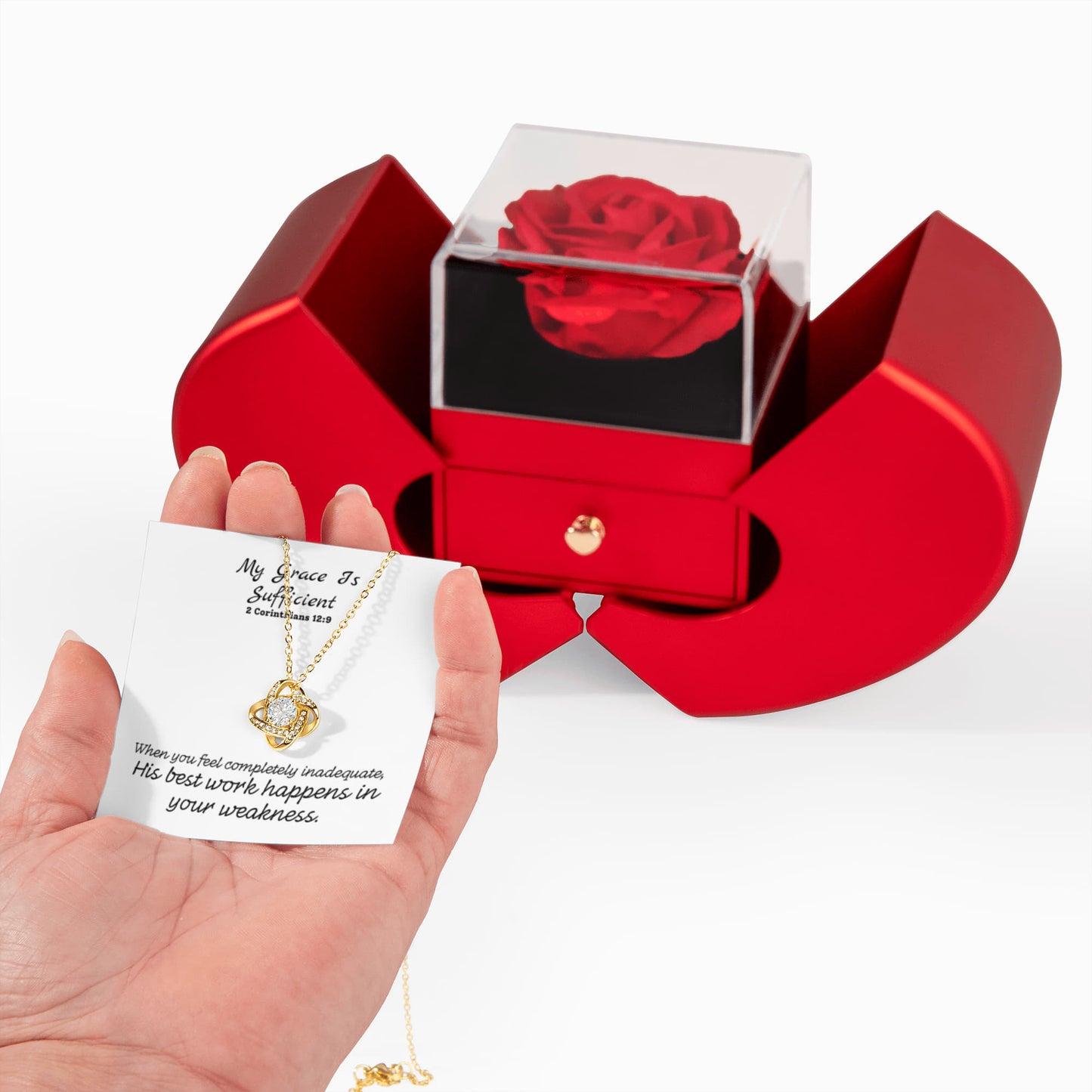 My Grace Is Sufficient (2 Corinthians 12:9) |  Love Knot Necklace in Red Heart Rose Box